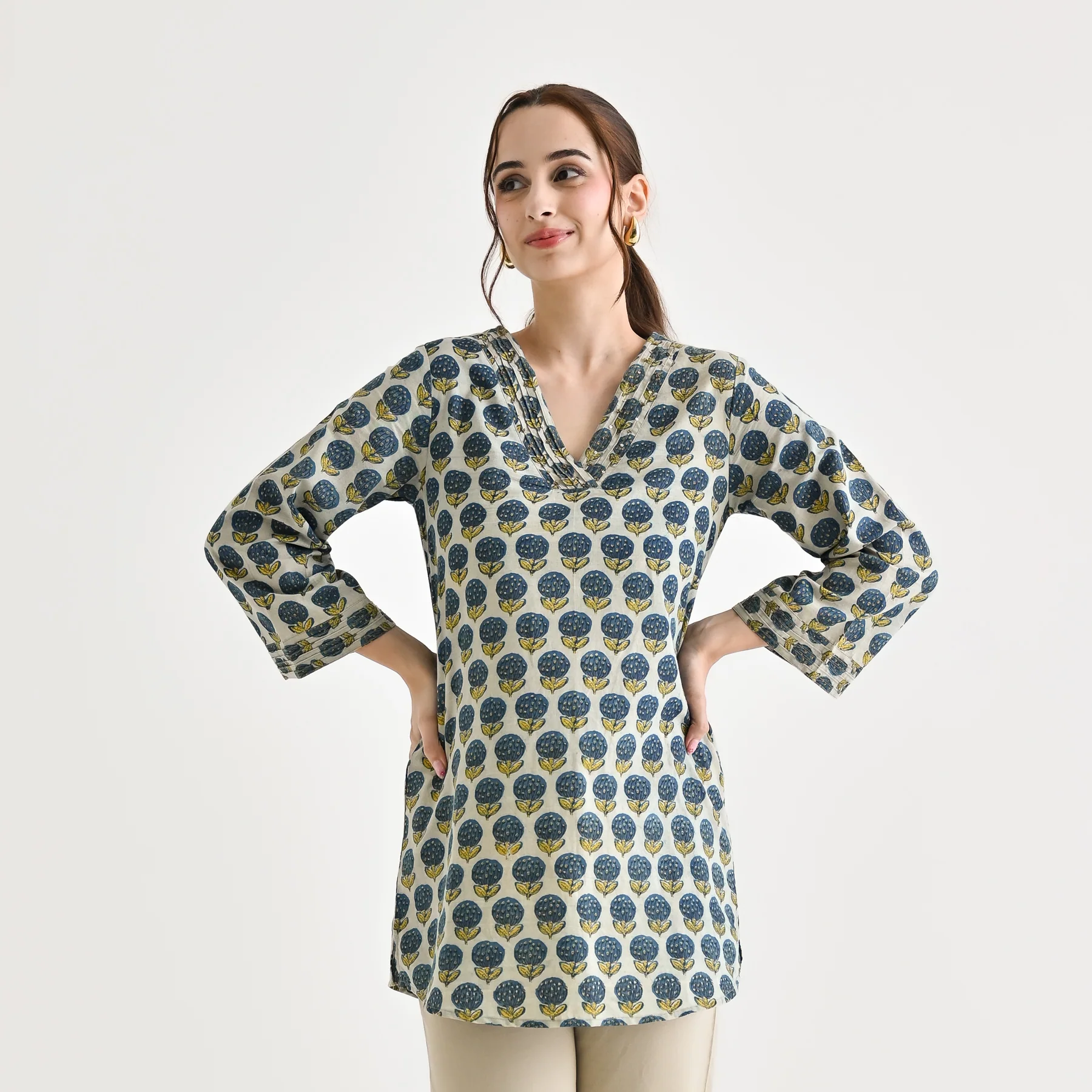 Indigo Sanganeri Inspired Floral Cotton Tunic with Pintuck Neckline - Image 4