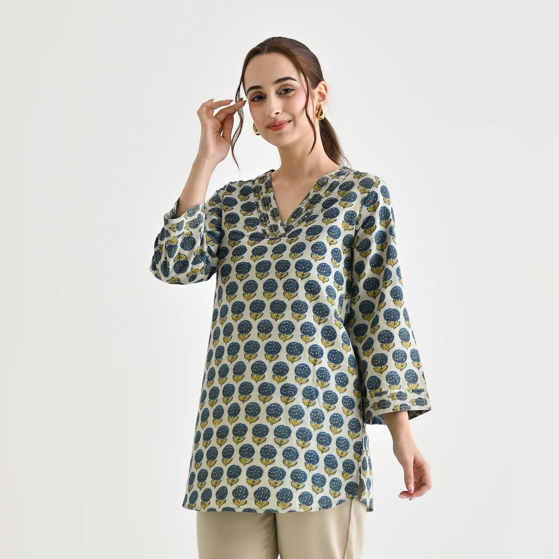 Indigo Sanganeri Inspired Floral Cotton Tunic with Pintuck Neckline - Image 5