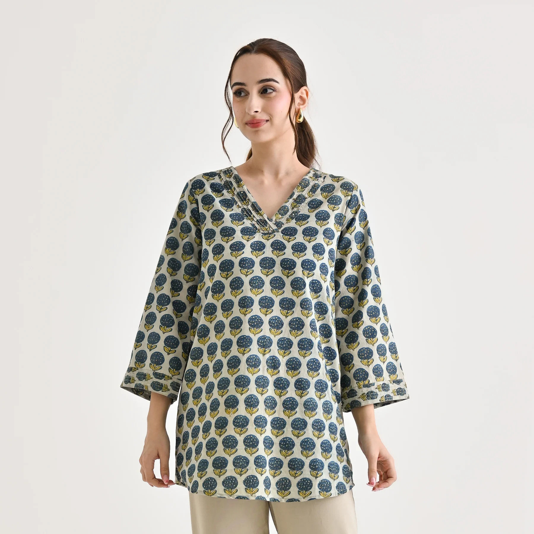 Indigo Sanganeri Inspired Floral Cotton Tunic with Pintuck Neckline - Image 6