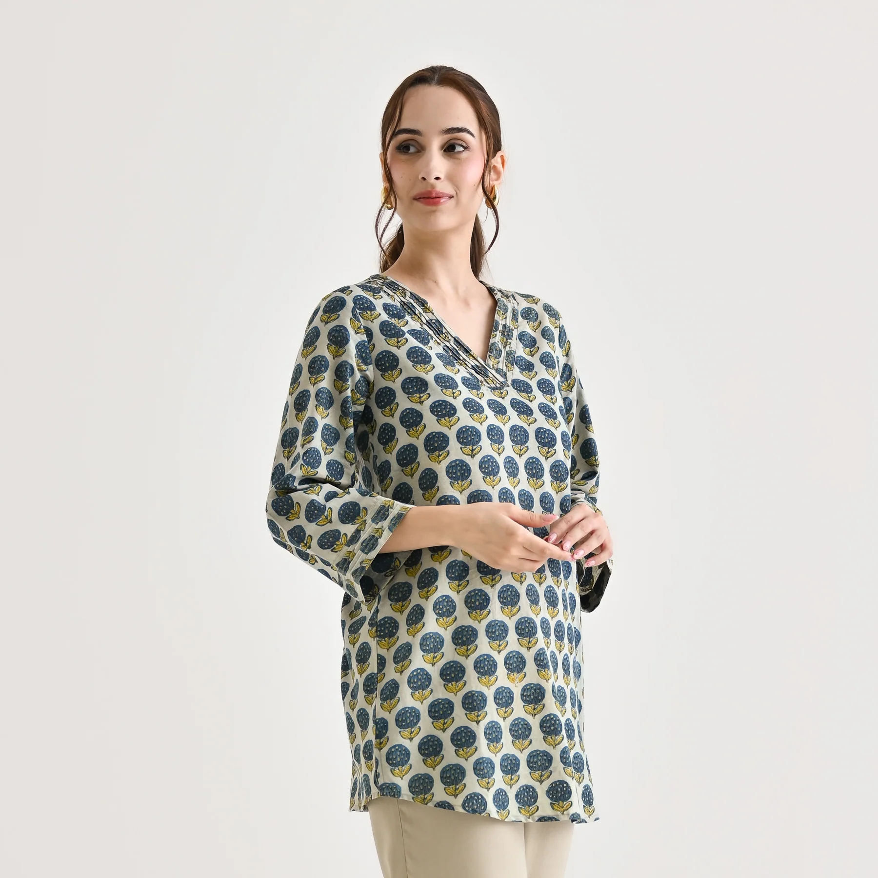 Indigo Sanganeri Inspired Floral Cotton Tunic with Pintuck Neckline - Image 7