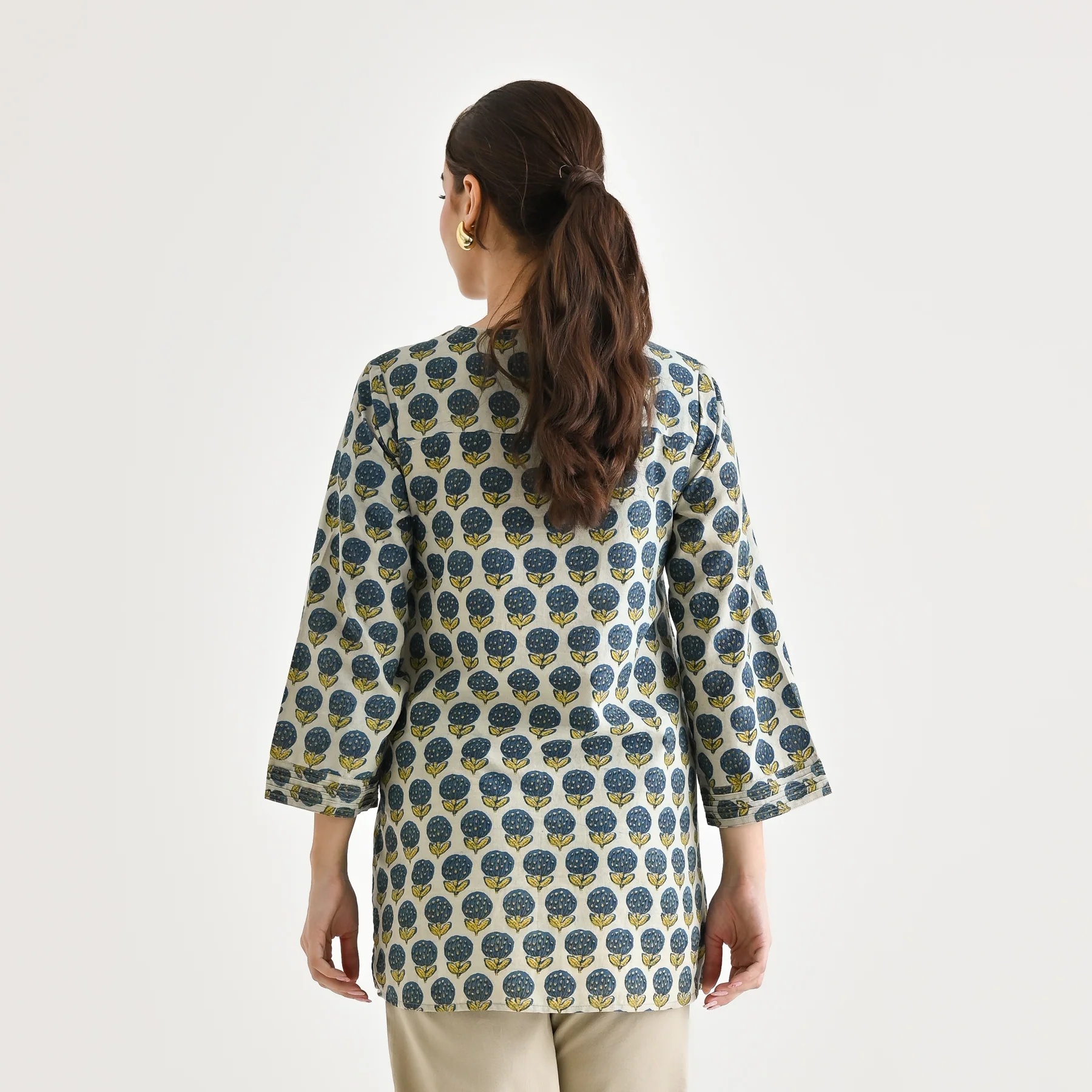 Indigo Sanganeri Inspired Floral Cotton Tunic with Pintuck Neckline - Image 8