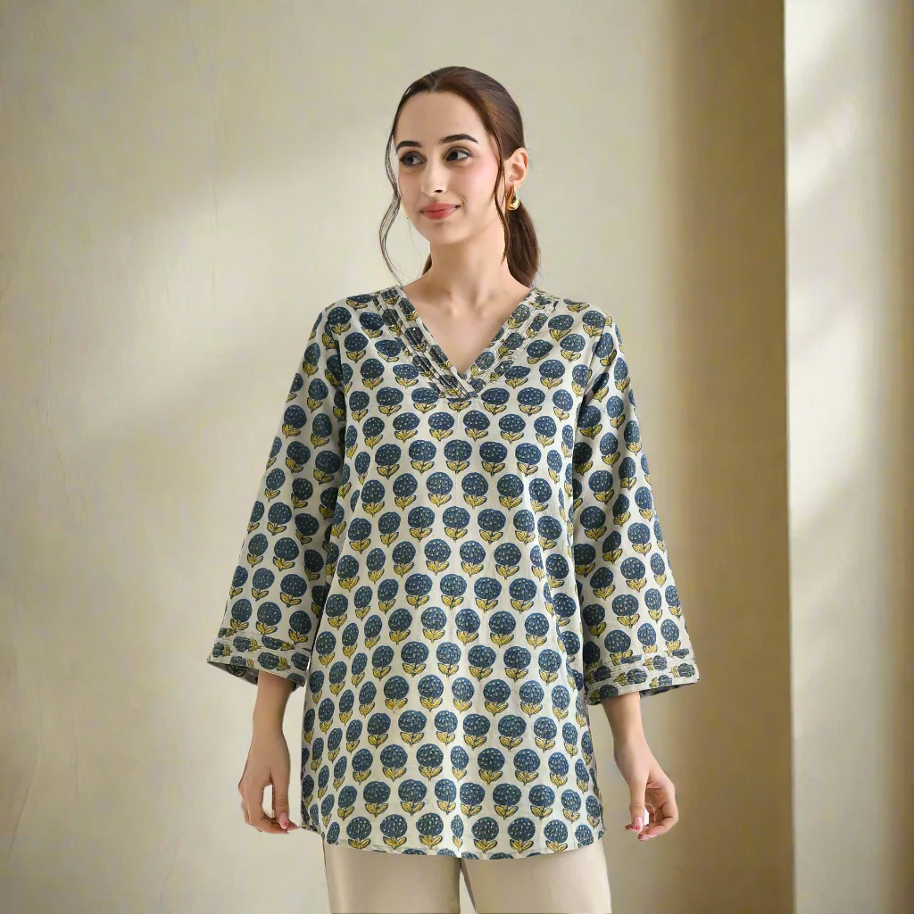 Indigo Sanganeri Inspired Floral Cotton Tunic with Pintuck Neckline - Image 9