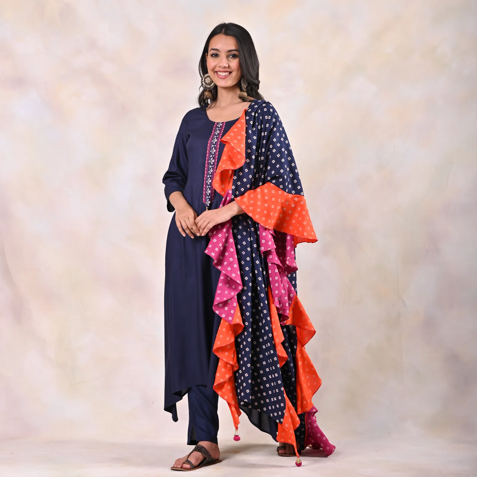 Indigo Kurta Pants Set with Tiered Bandhani Dupatta - Image 3