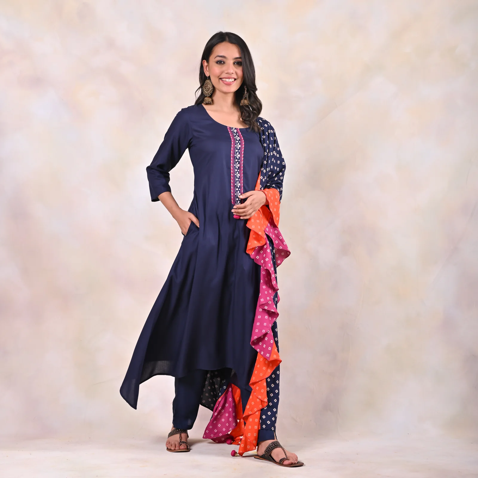 Indigo Kurta Pants Set with Tiered Bandhani Dupatta - Image 4