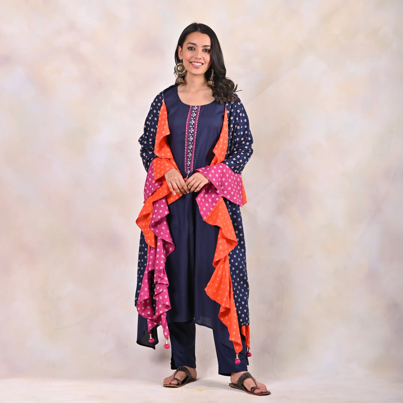 Indigo Kurta Pants Set with Tiered Bandhani Dupatta - Image 5