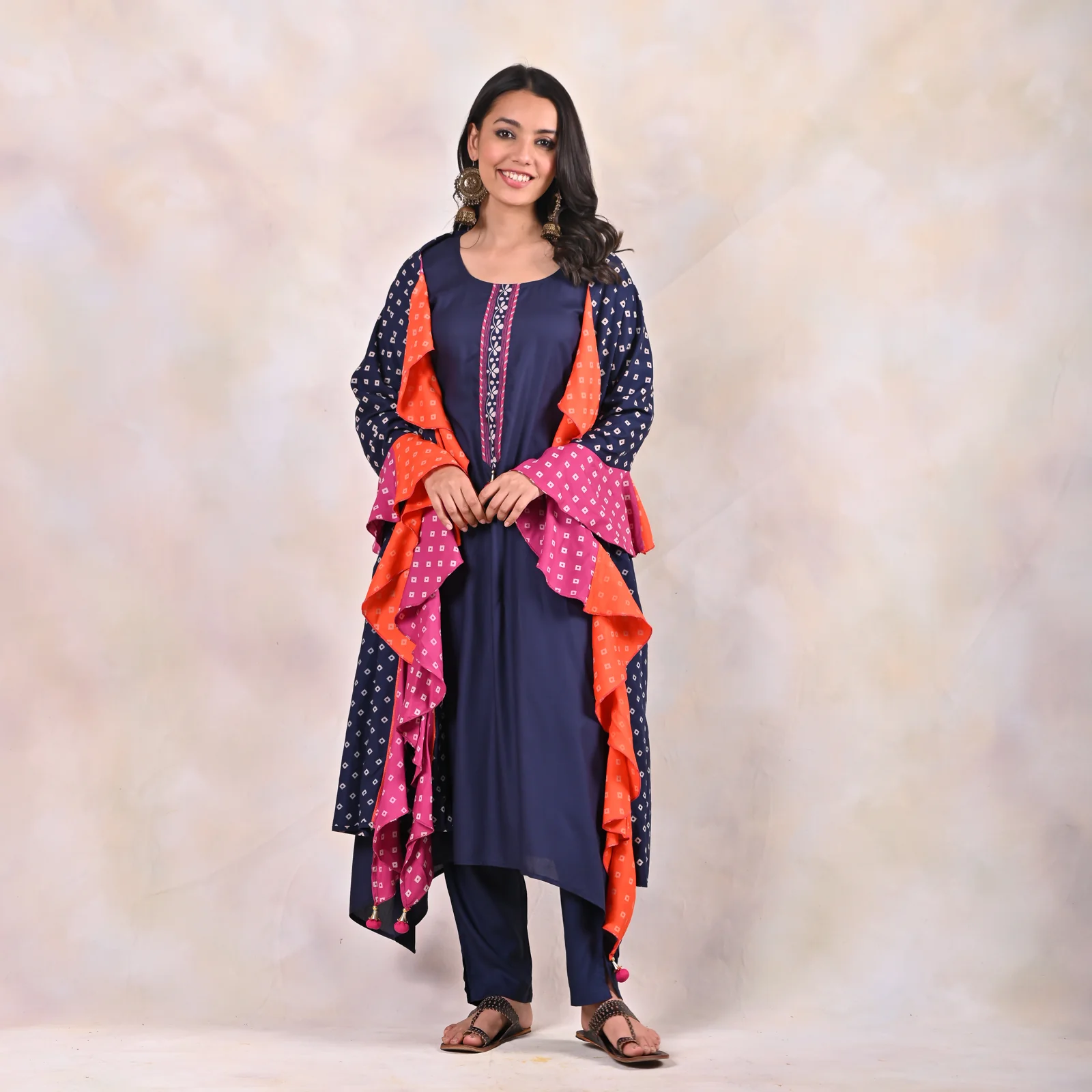 Indigo Kurta Pants Set with Tiered Bandhani Dupatta - Image 6
