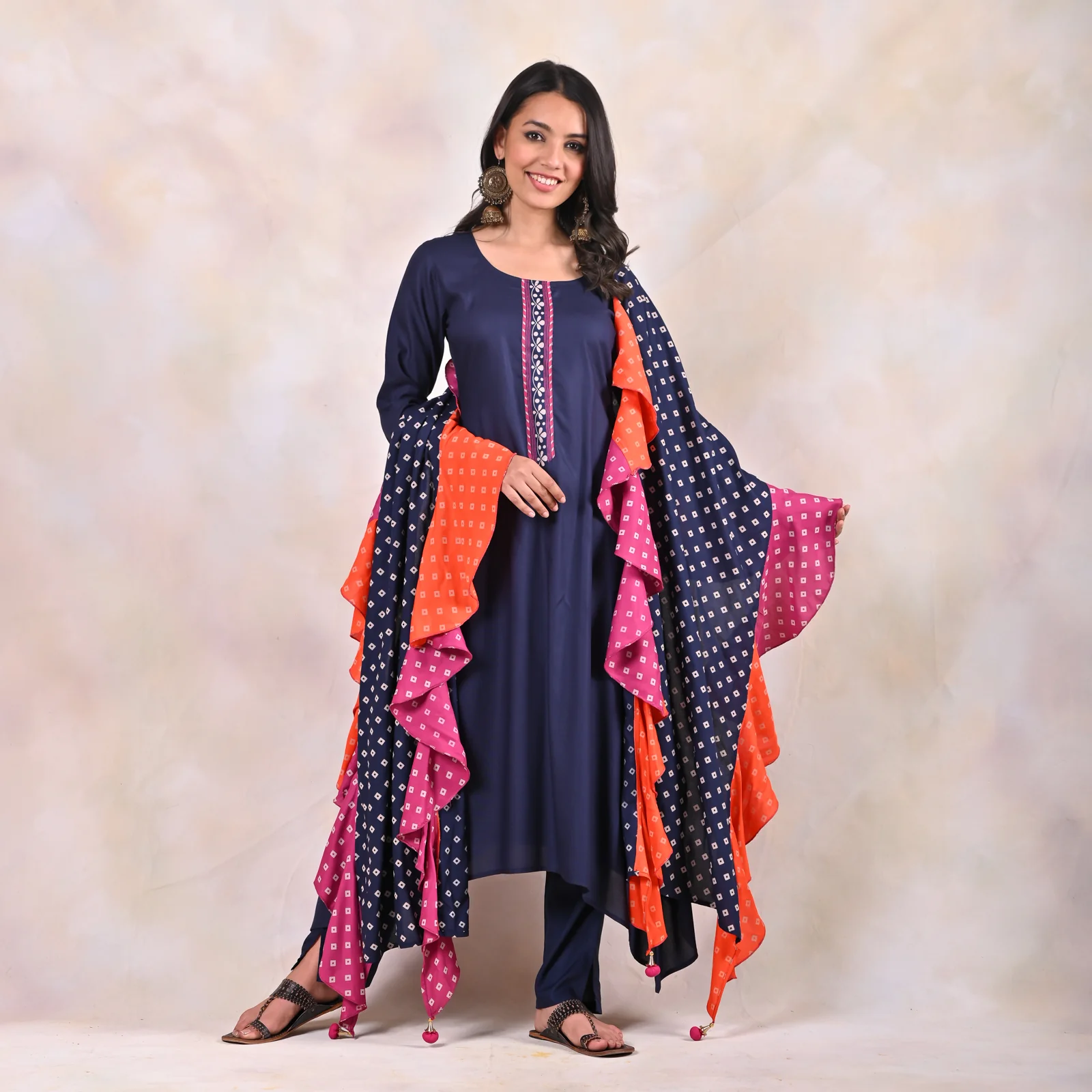 Indigo Kurta Pants Set with Tiered Bandhani Dupatta - Image 7