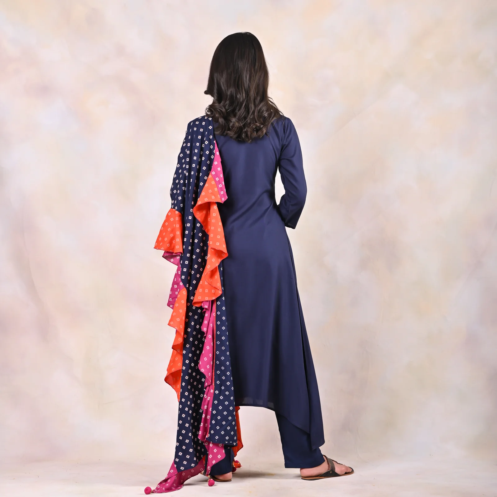 Indigo Kurta Pants Set with Tiered Bandhani Dupatta - Image 8
