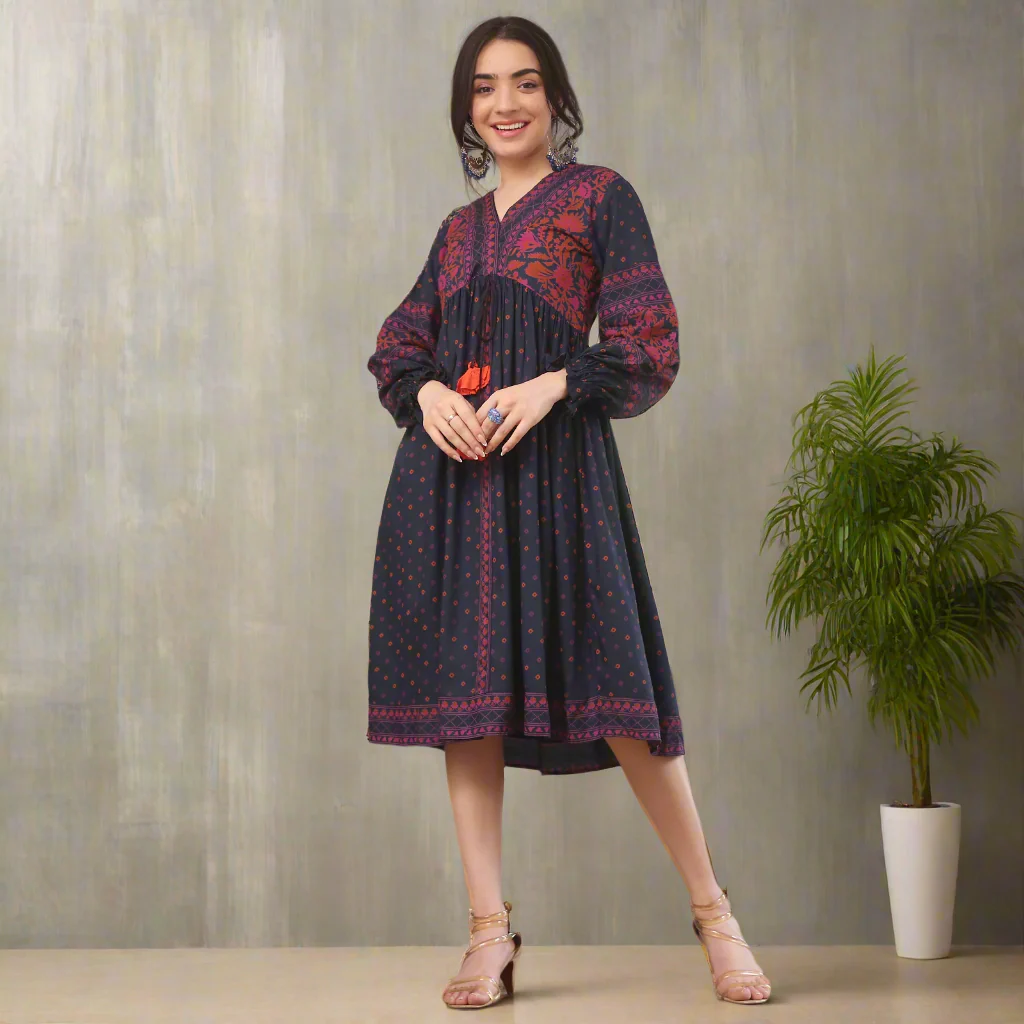 Indigo Printed V Neck Dress - Image 10