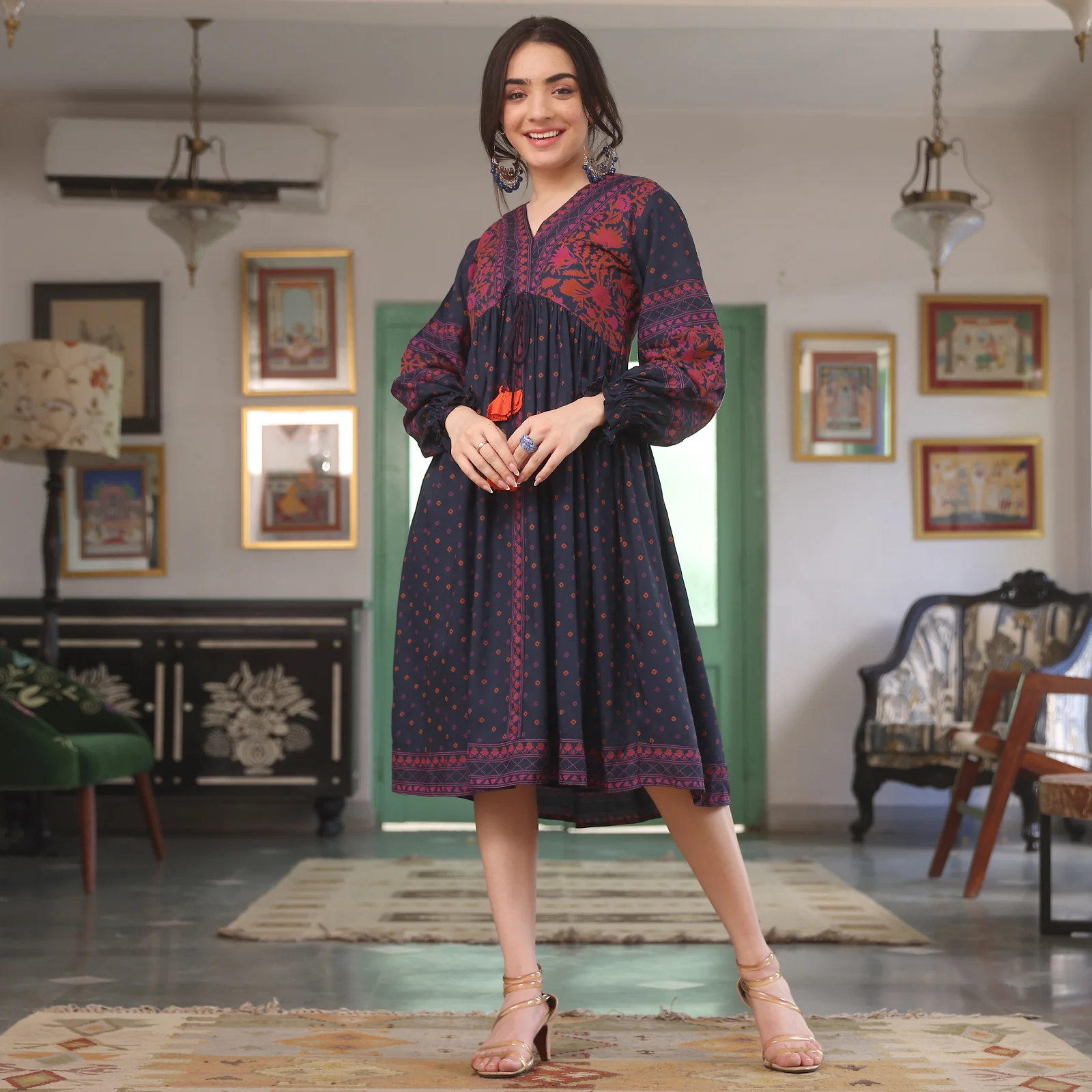Indigo Printed V Neck Dress - Image 3