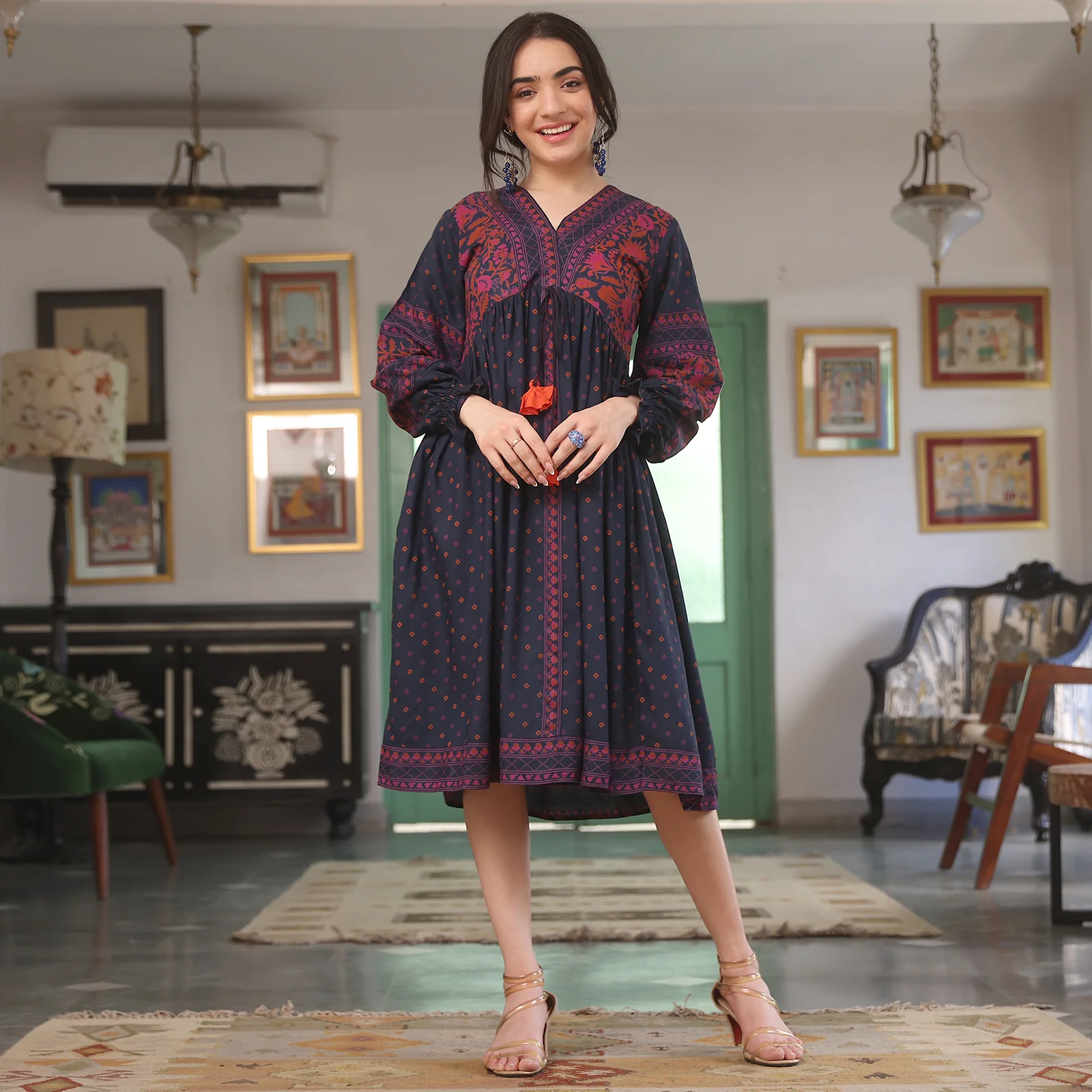 Indigo Printed V Neck Dress - Image 4