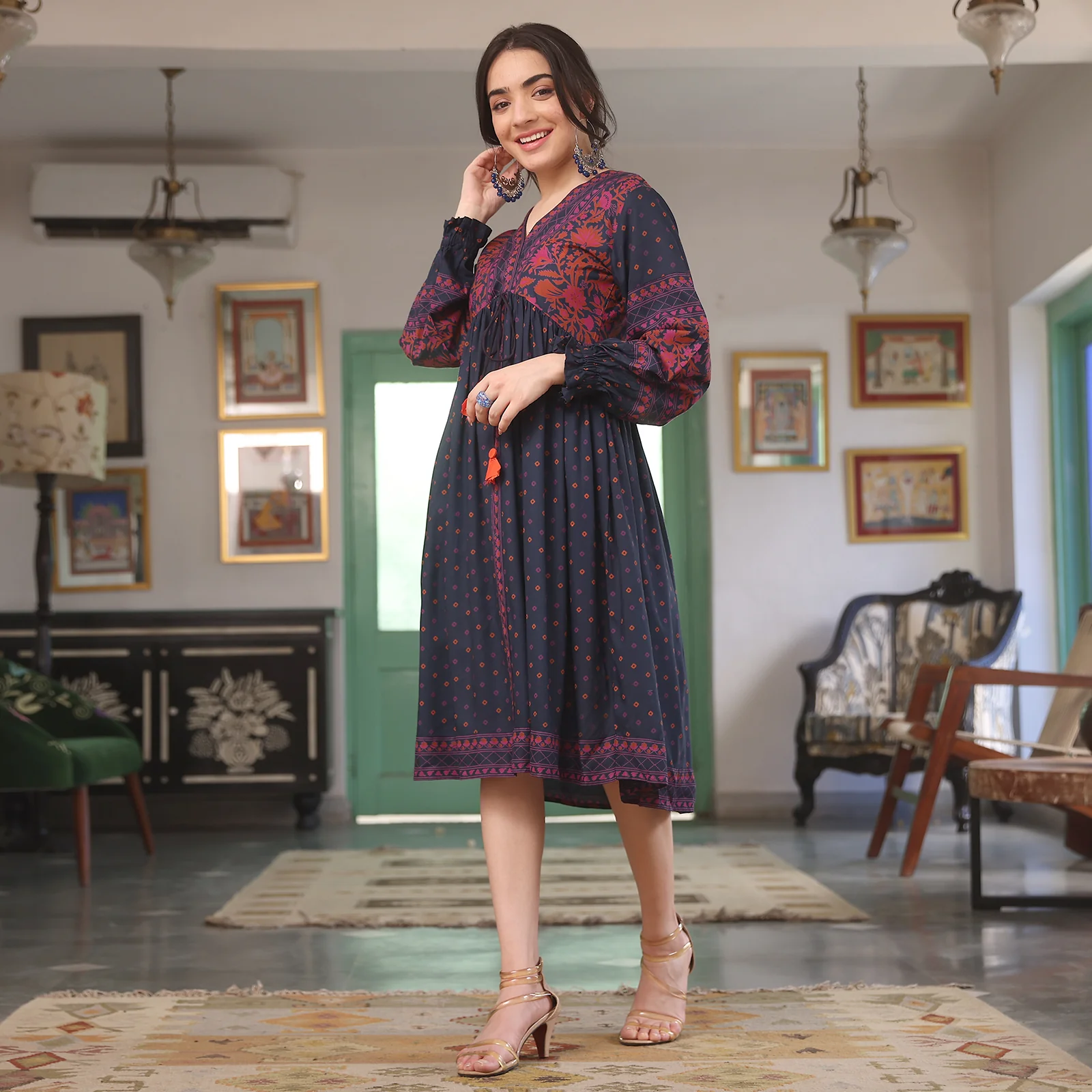 Indigo Printed V Neck Dress - Image 5