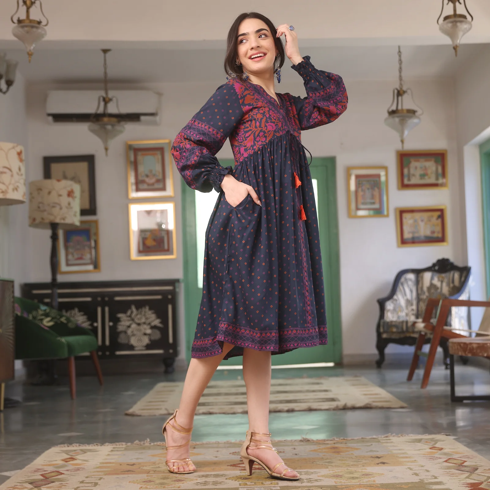 Indigo Printed V Neck Dress - Image 6