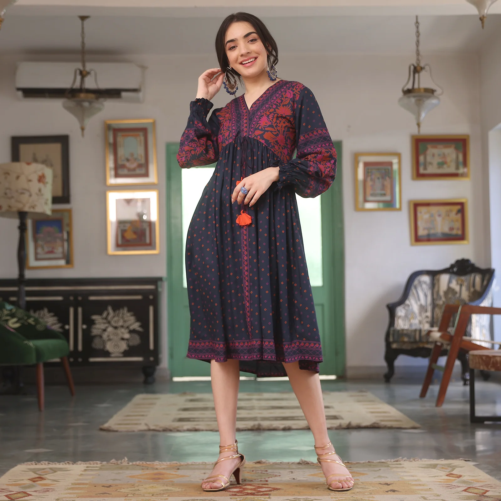 Indigo Printed V Neck Dress - Image 8