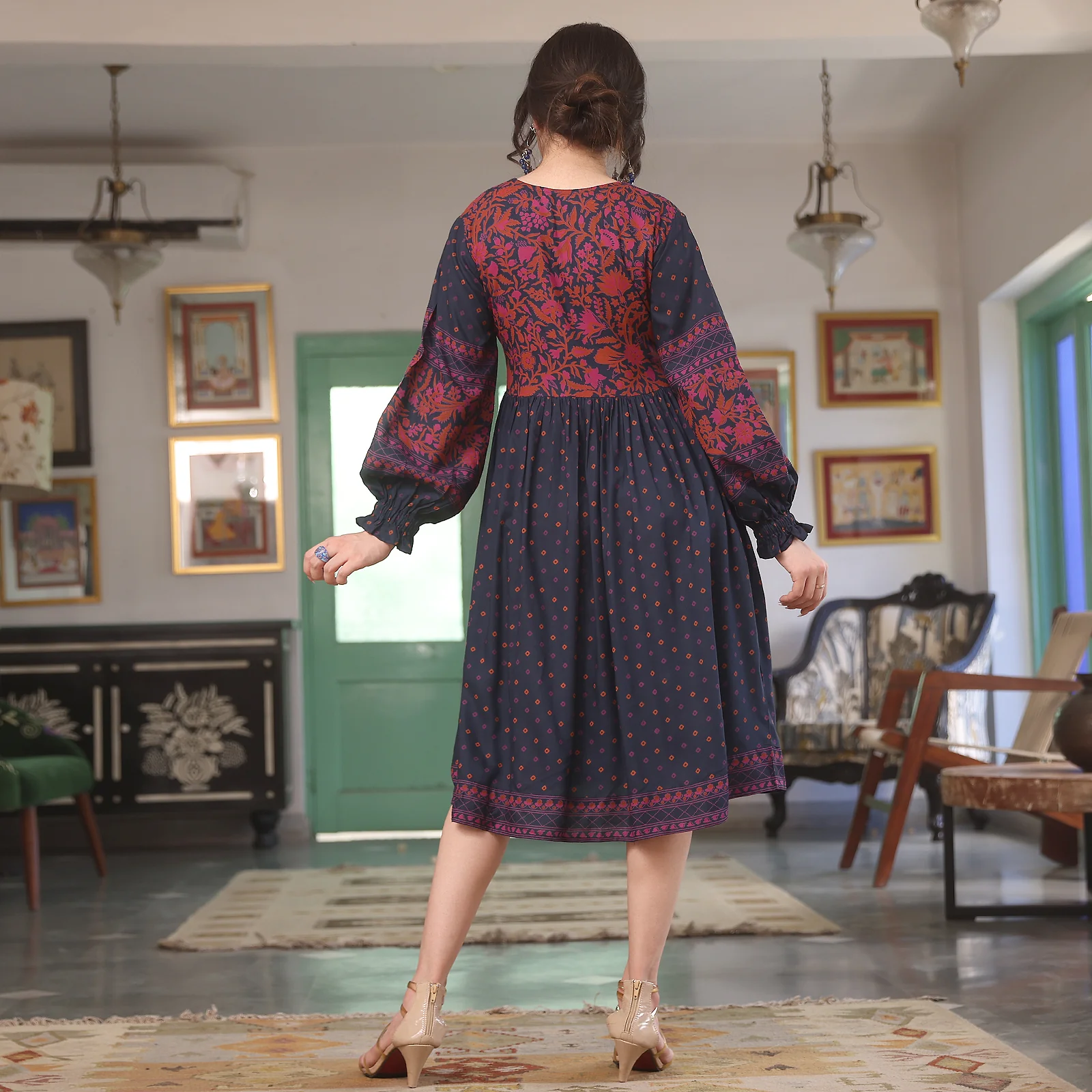 Indigo Printed V Neck Dress - Image 9