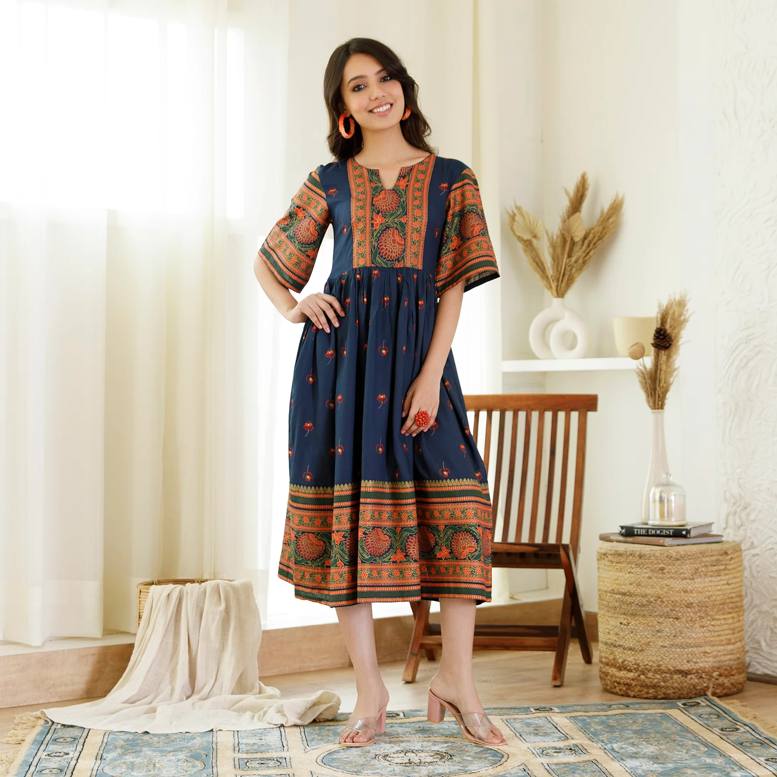 Indigo Trapeze Dress with Flared Sleeves - Image 5