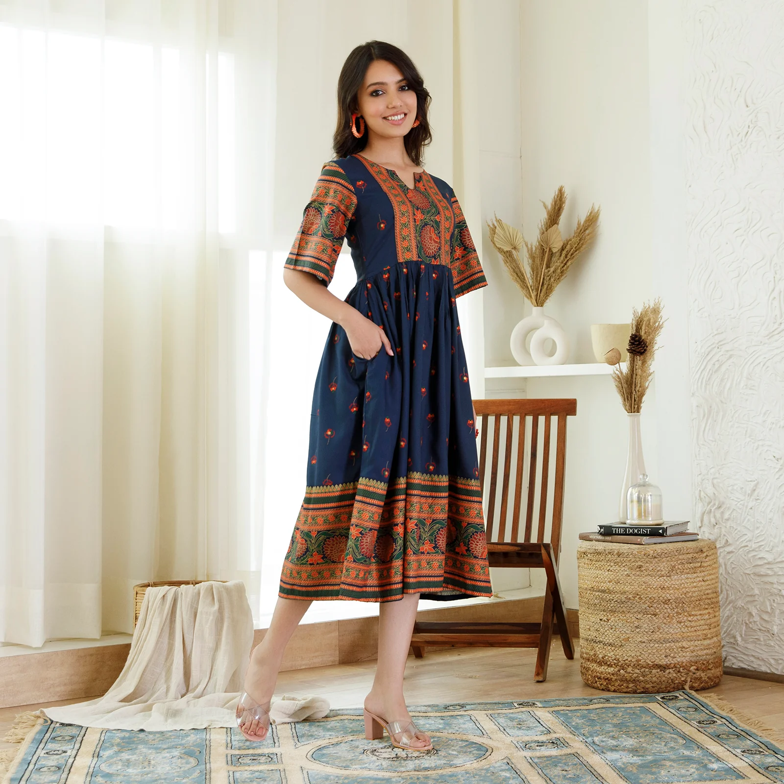 Indigo Trapeze Dress with Flared Sleeves - Image 6