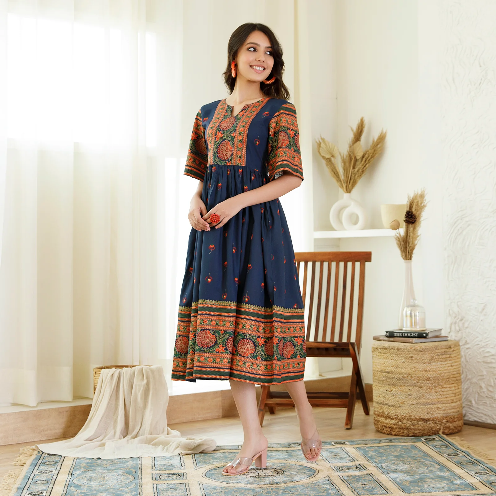 Indigo Trapeze Dress with Flared Sleeves - Image 7