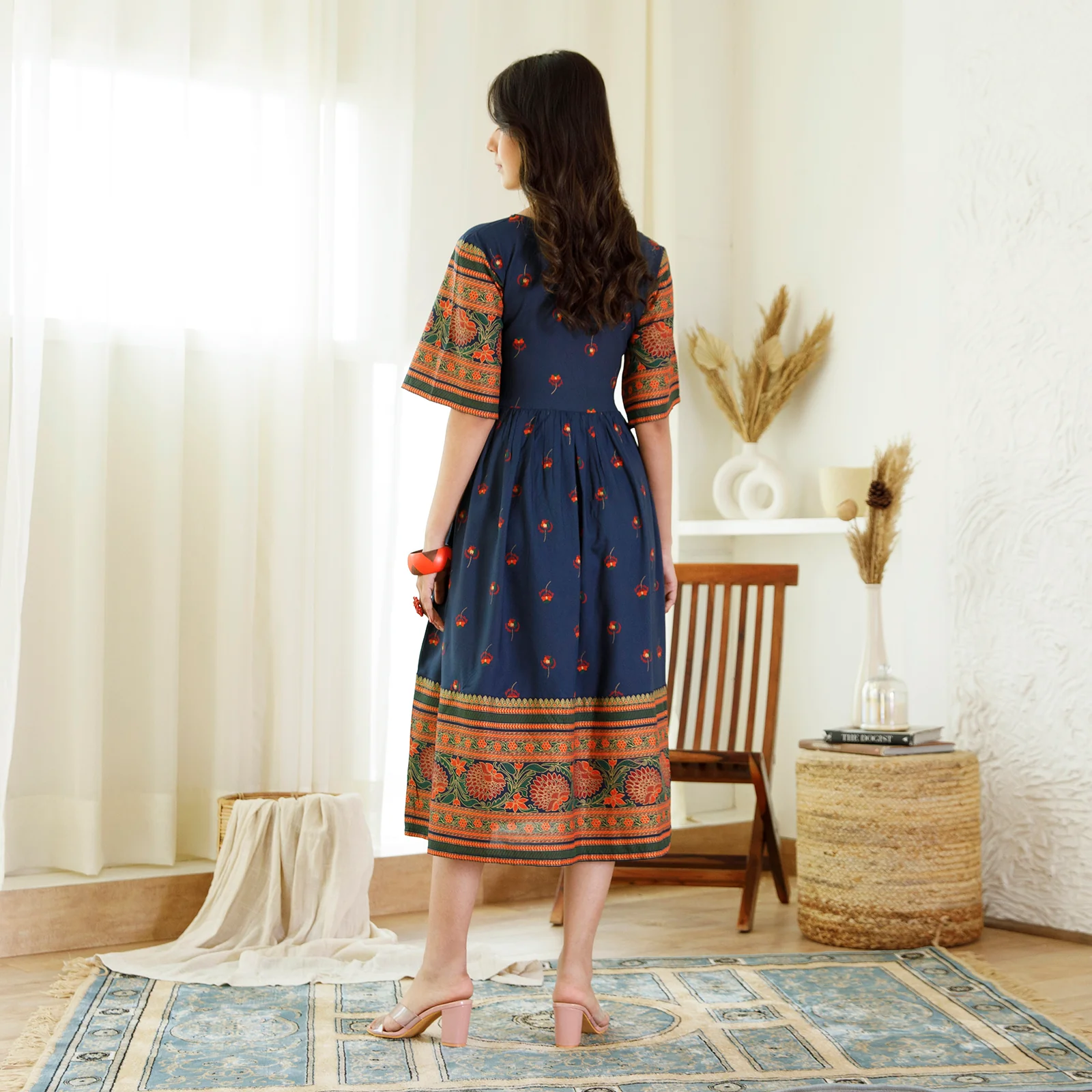 Indigo Trapeze Dress with Flared Sleeves - Image 8