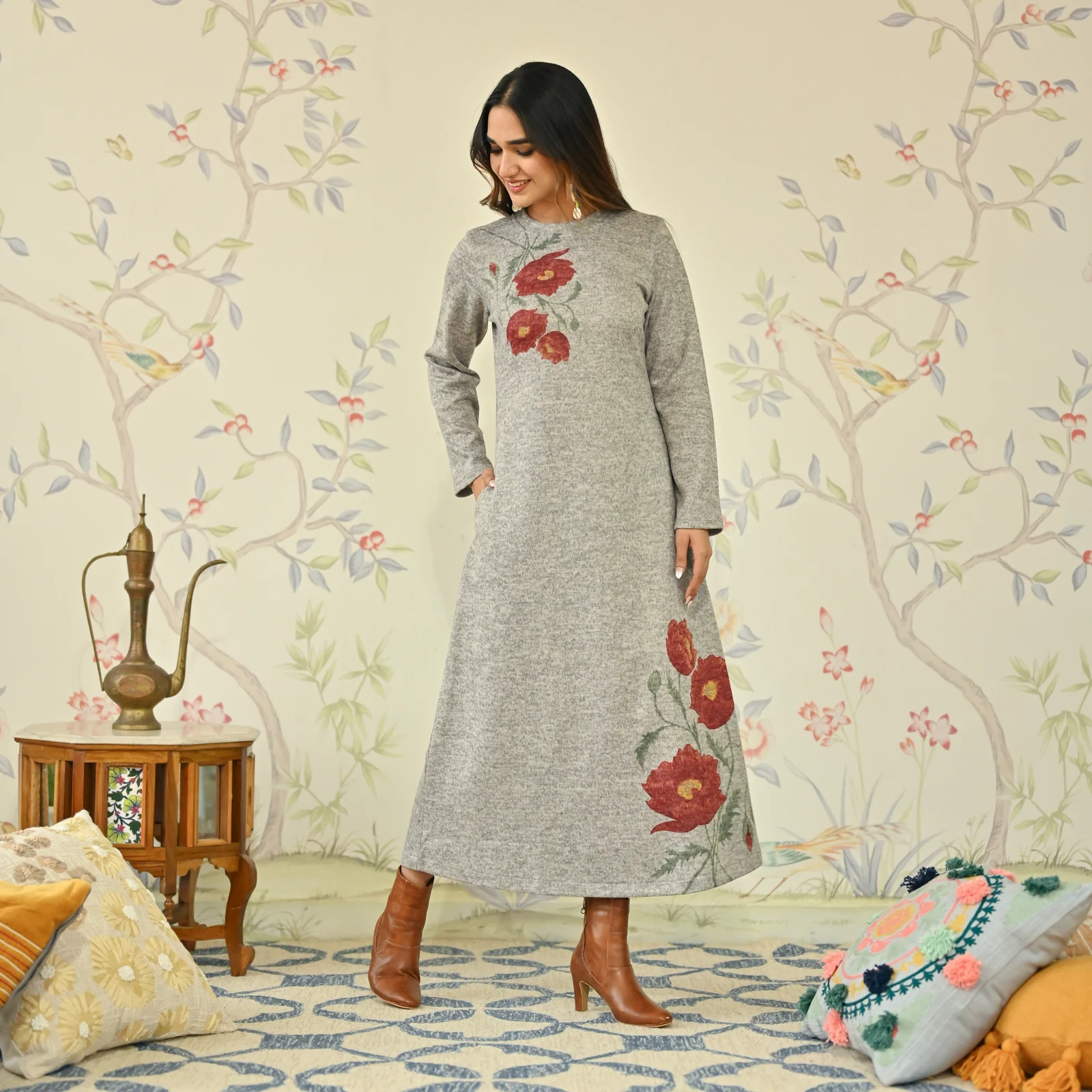Ivory Floral A-line Woollen Dress - Image 3