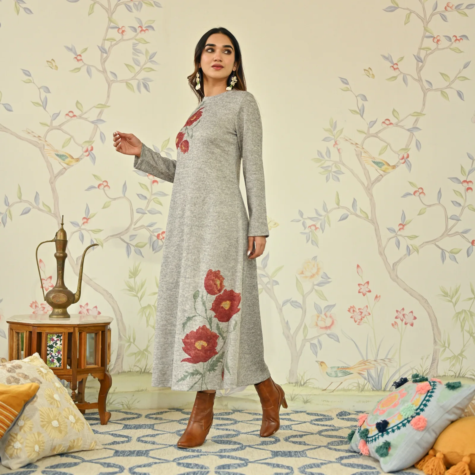 Ivory Floral A-line Woollen Dress - Image 5