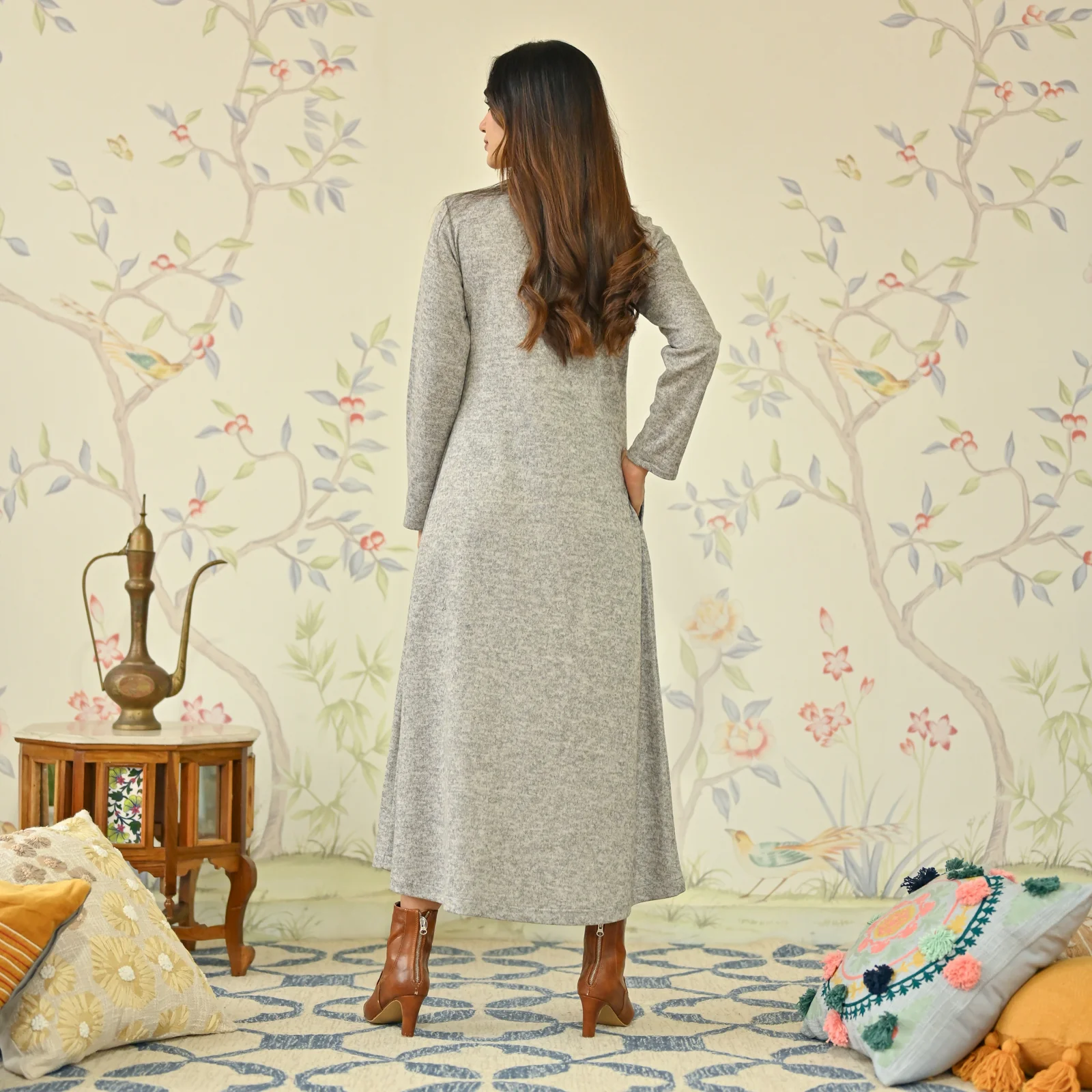 Ivory Floral A-line Woollen Dress - Image 6