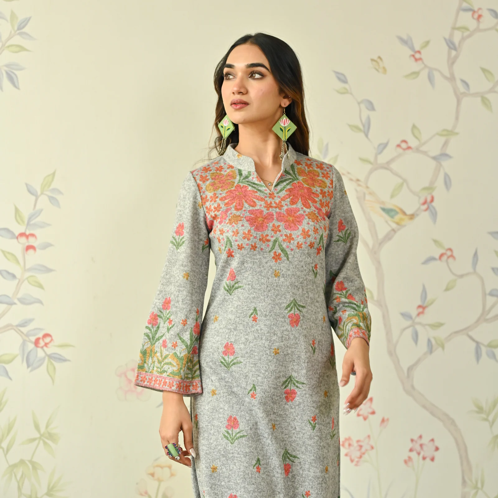 Ivory Floral Woollen Kurta Set with Bell Sleeves - Image 3