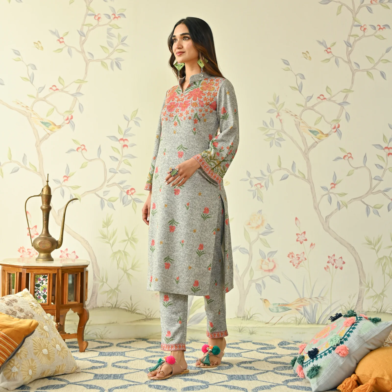 Ivory Floral Woollen Kurta Set with Bell Sleeves - Image 7