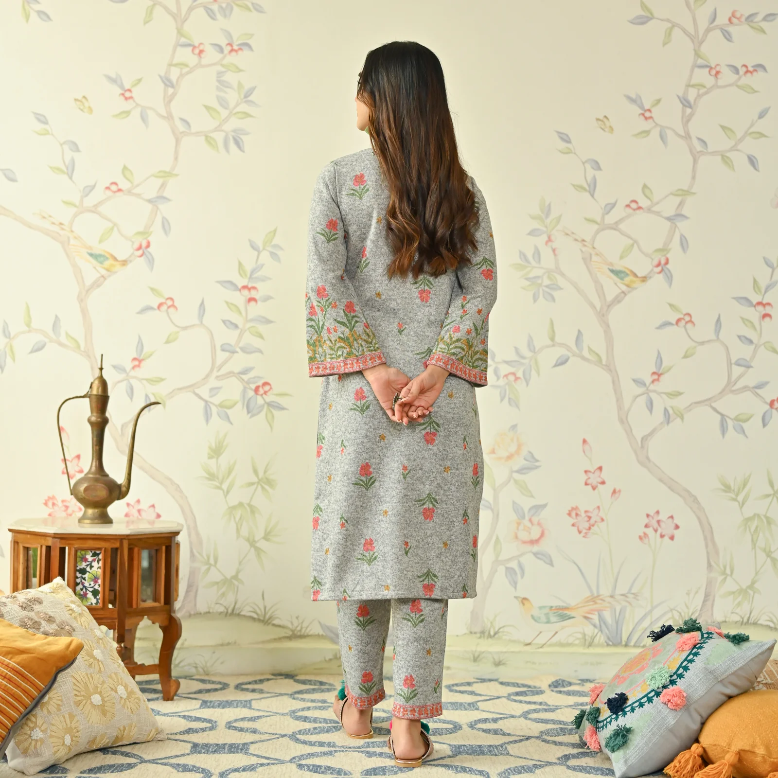 Ivory Floral Woollen Kurta Set with Bell Sleeves - Image 9