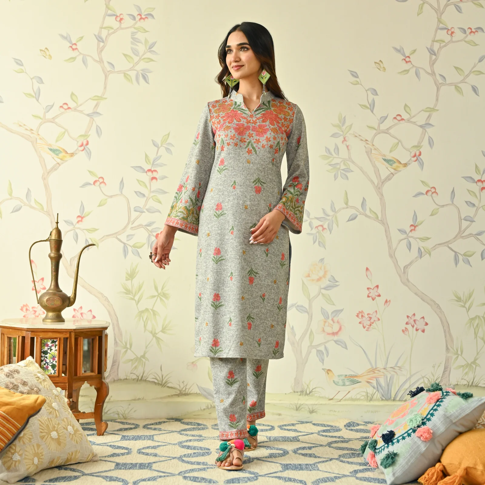 Ivory Floral Woollen Kurta with Bell Sleeves - Image 5