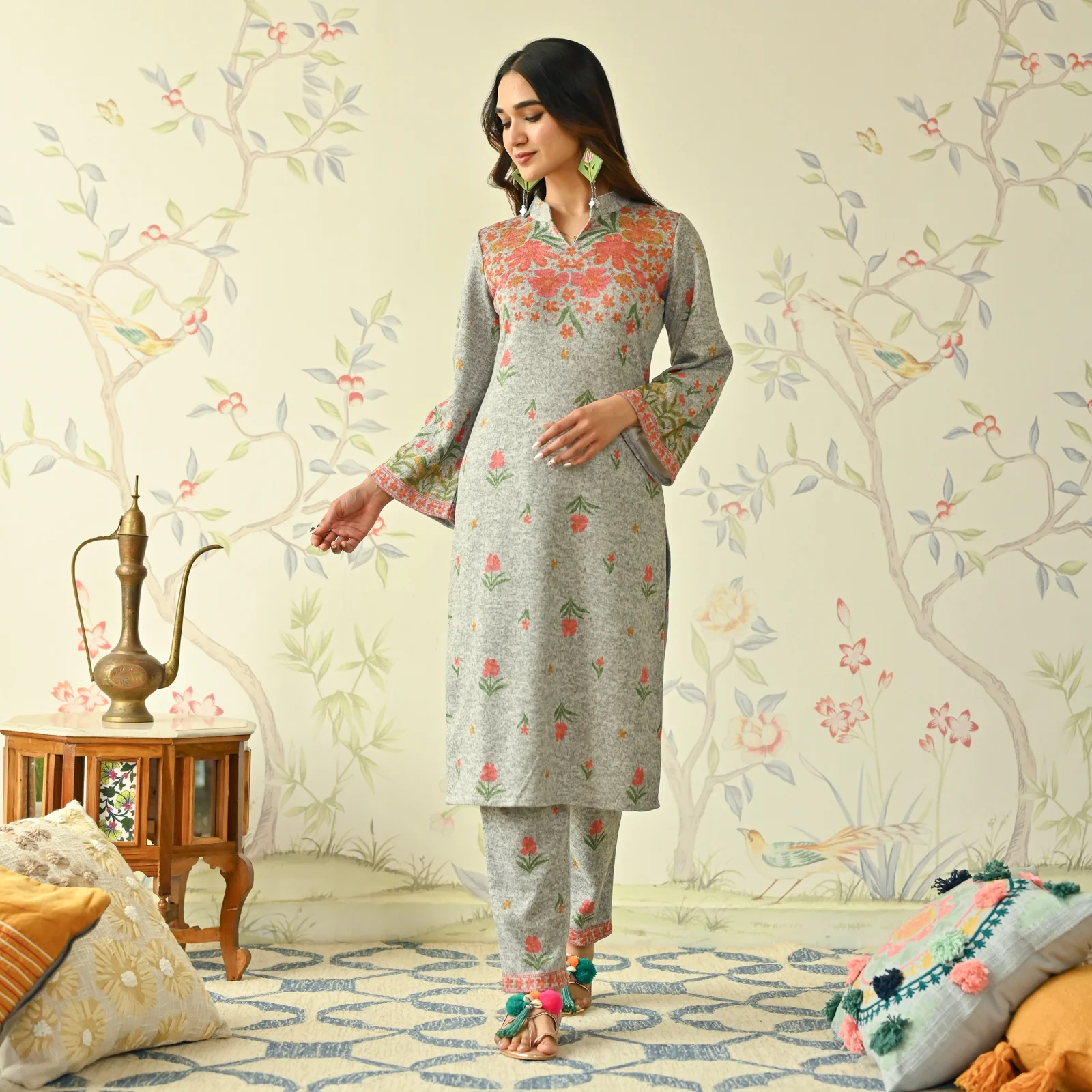 Ivory Floral Woollen Kurta with Bell Sleeves - Image 6