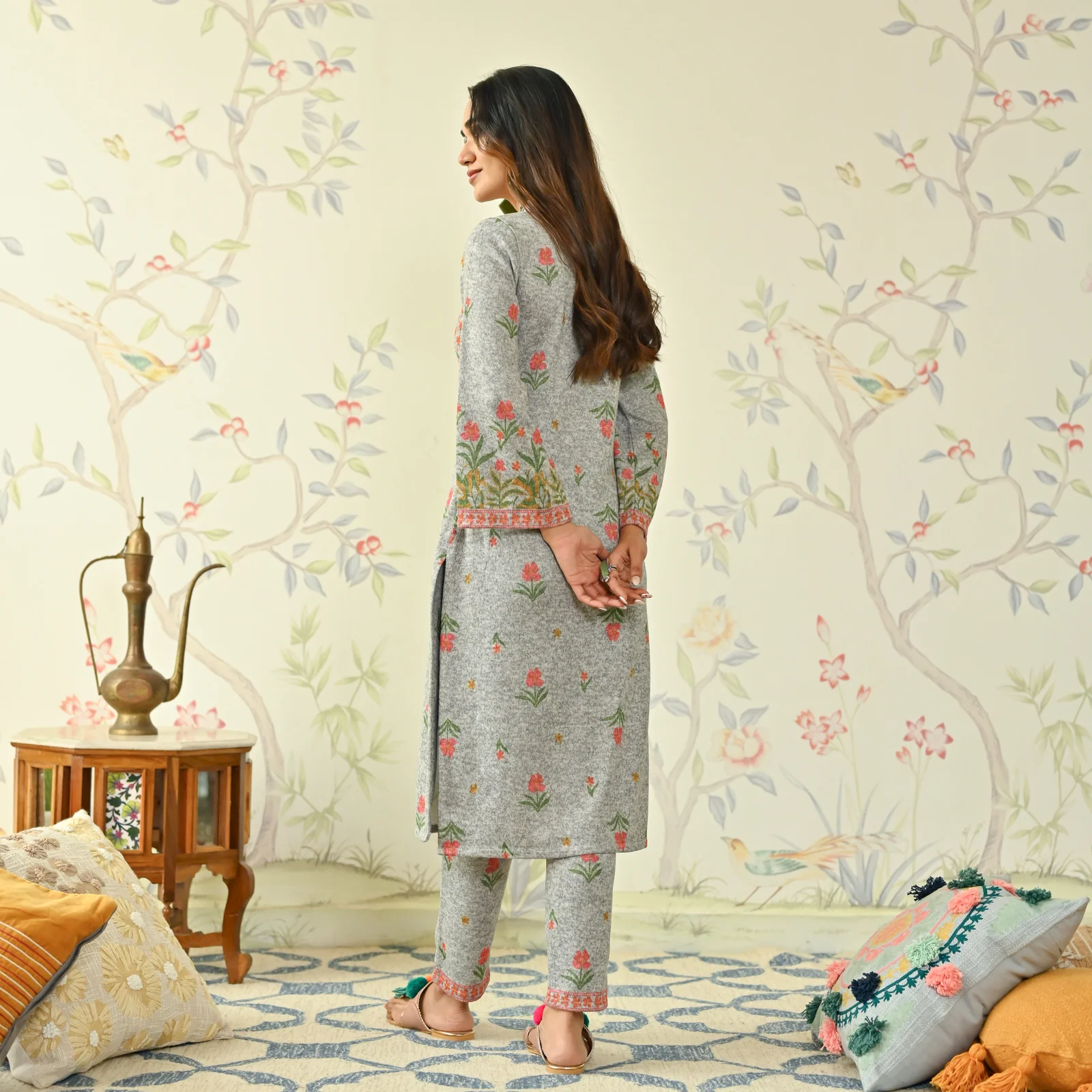 Ivory Floral Woollen Kurta with Bell Sleeves - Image 8