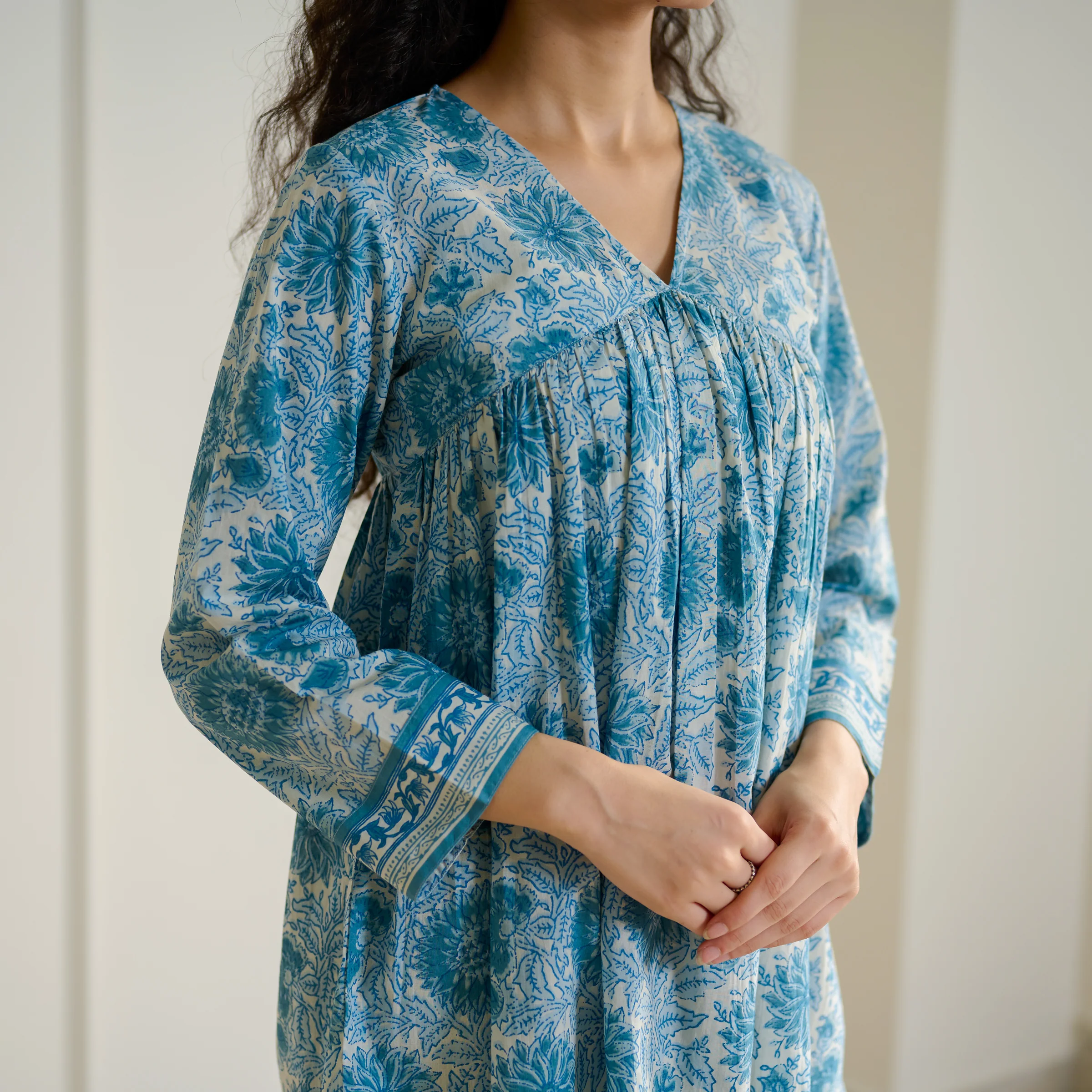 Jugni Sanganeri inspired Printed Fit & Flare Tunic with Straight Pants - Beige - Image 2