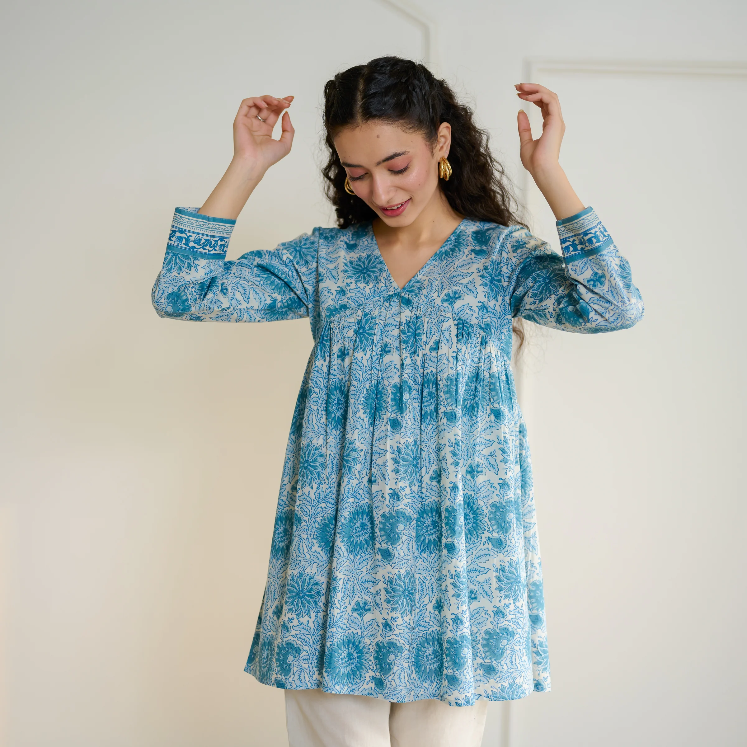 Jugni Sanganeri inspired Printed Fit & Flare Tunic with Straight Pants - Beige - Image 3