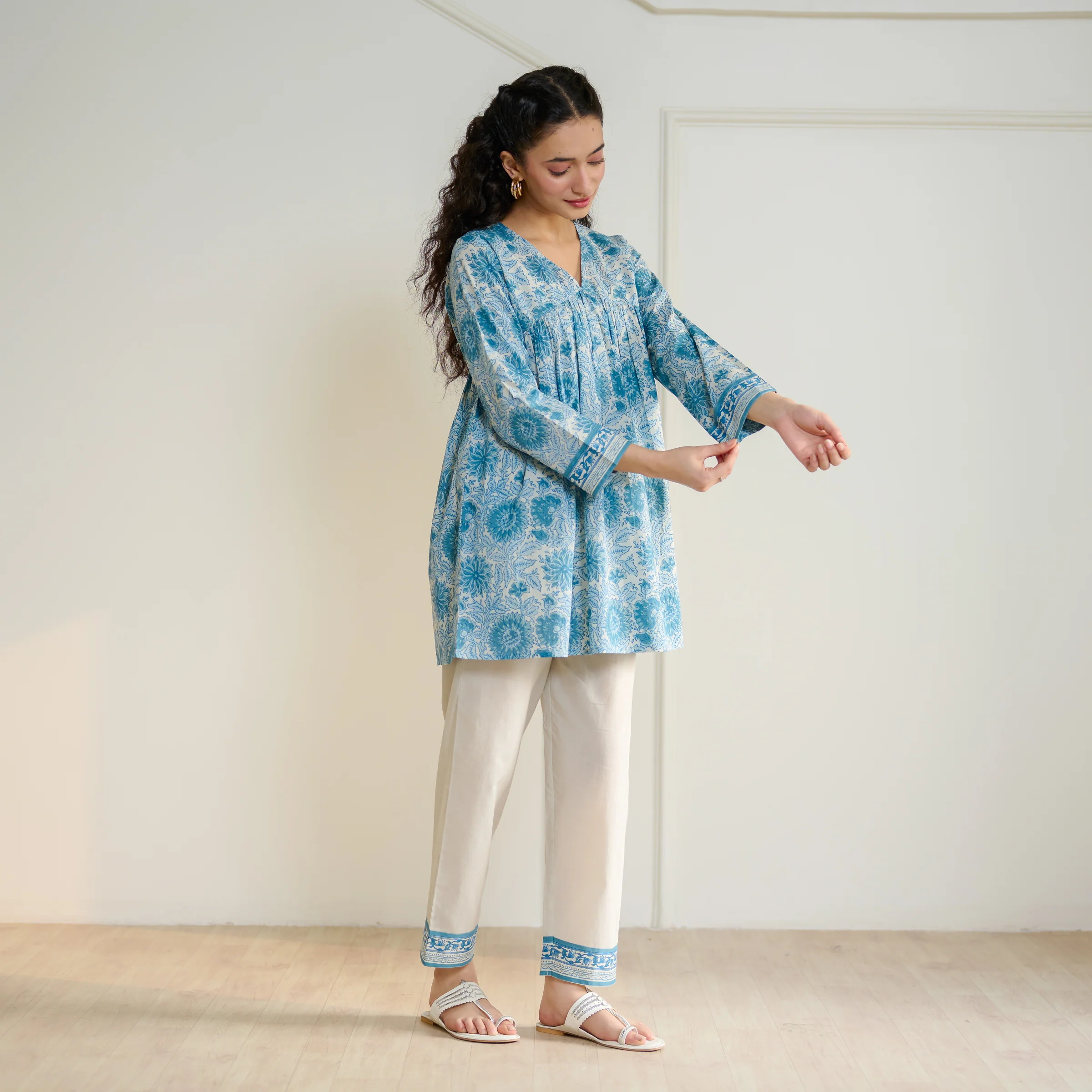 Jugni Sanganeri inspired Printed Fit & Flare Tunic with Straight Pants - Beige - Image 4