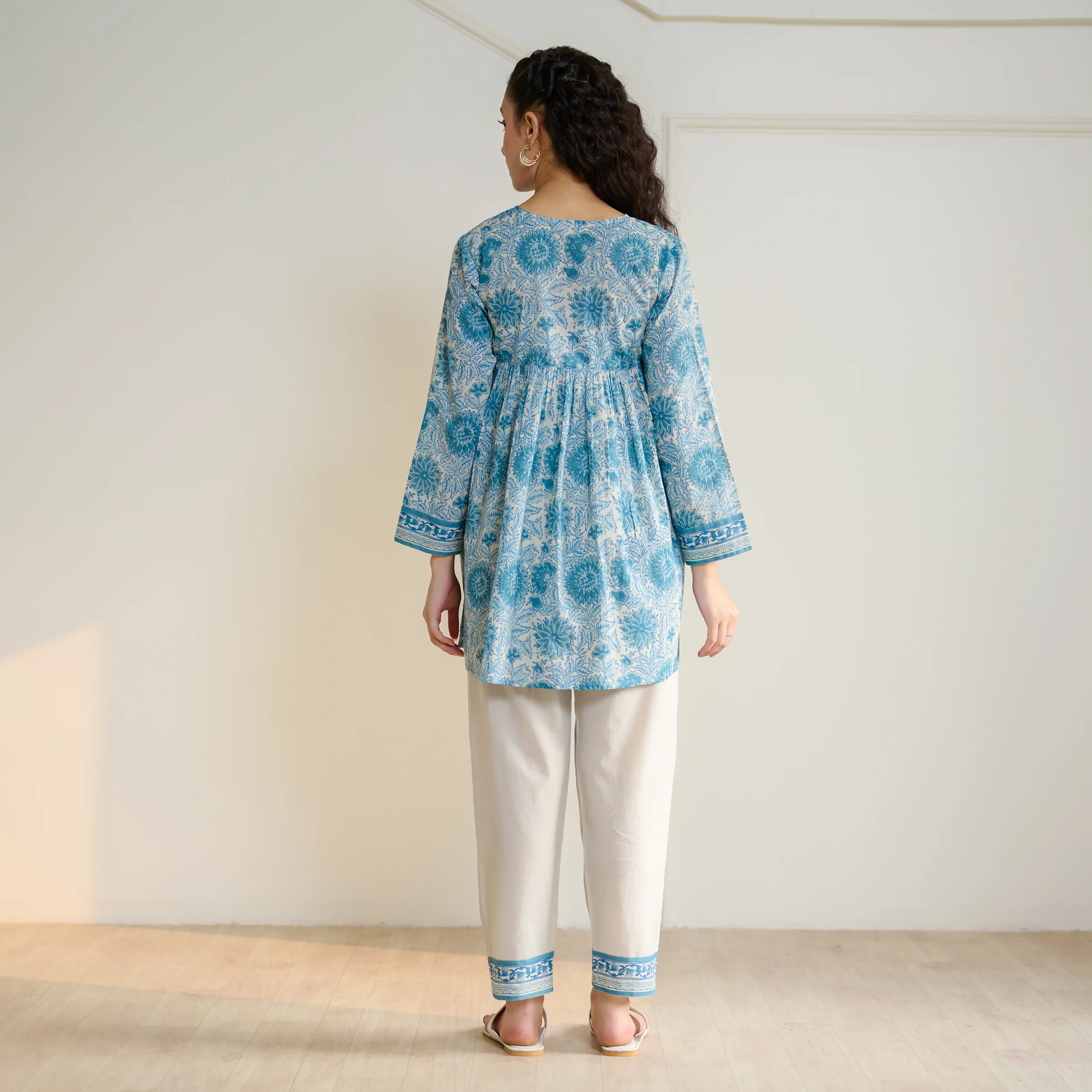 Jugni Sanganeri inspired Printed Fit & Flare Tunic with Straight Pants - Beige - Image 6