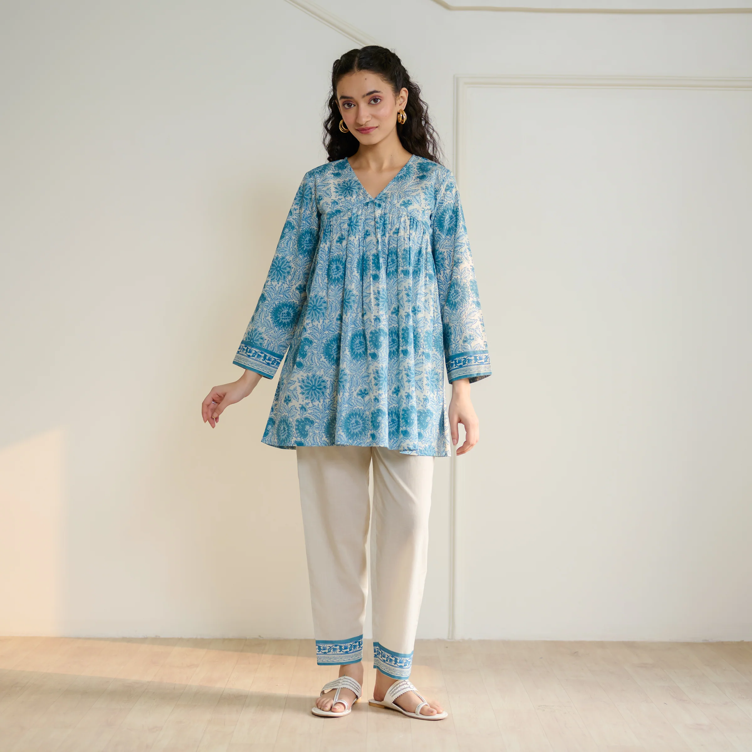 Jugni Sanganeri inspired Printed Fit & Flare Tunic with Straight Pants - Beige - Image 7
