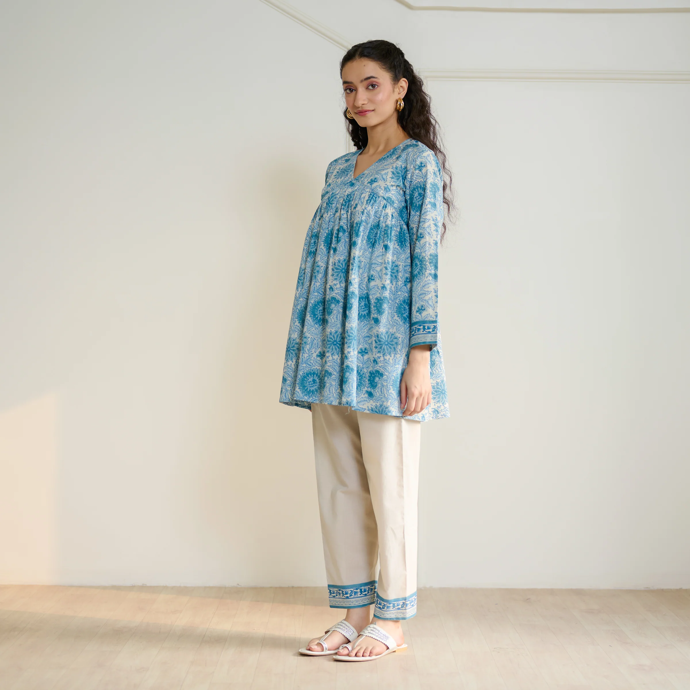 Jugni Sanganeri inspired Printed Fit & Flare Tunic with Straight Pants - Beige - Image 8