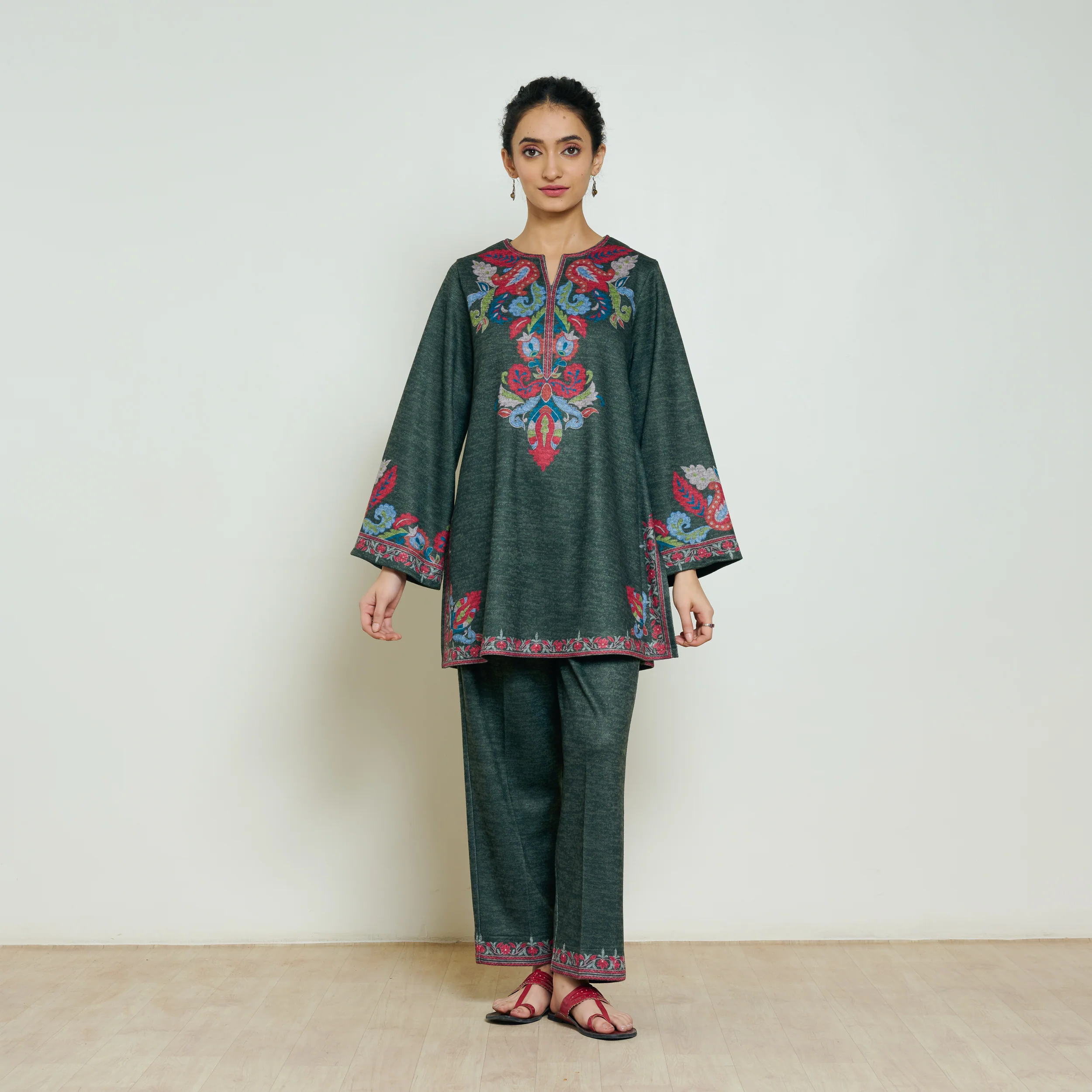 Kashmira Woollen Coord Set - Forest Green - Image 3