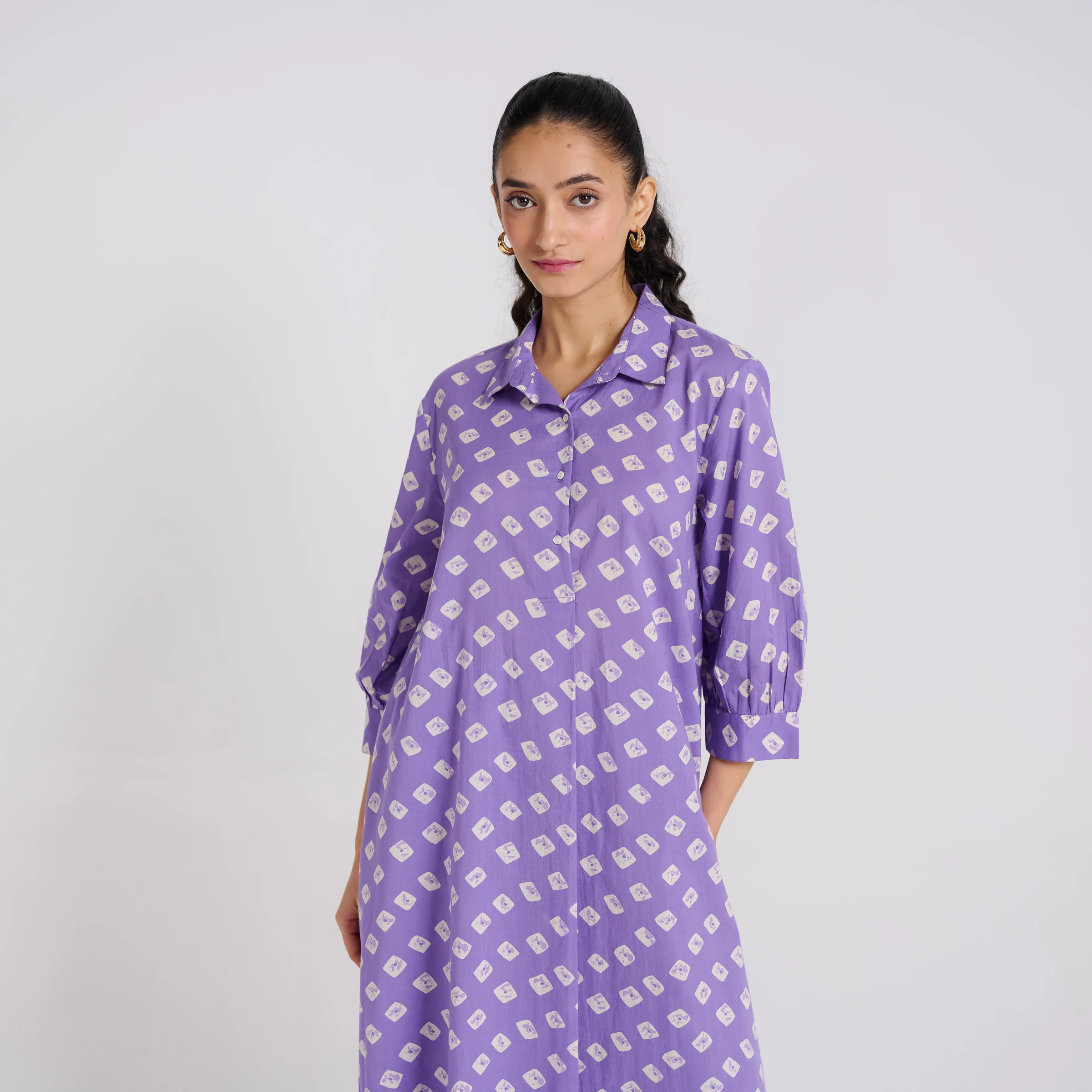 Lavender Breezy Pure Cotton Kurta Pant Set with Shirt Collar - Image 3
