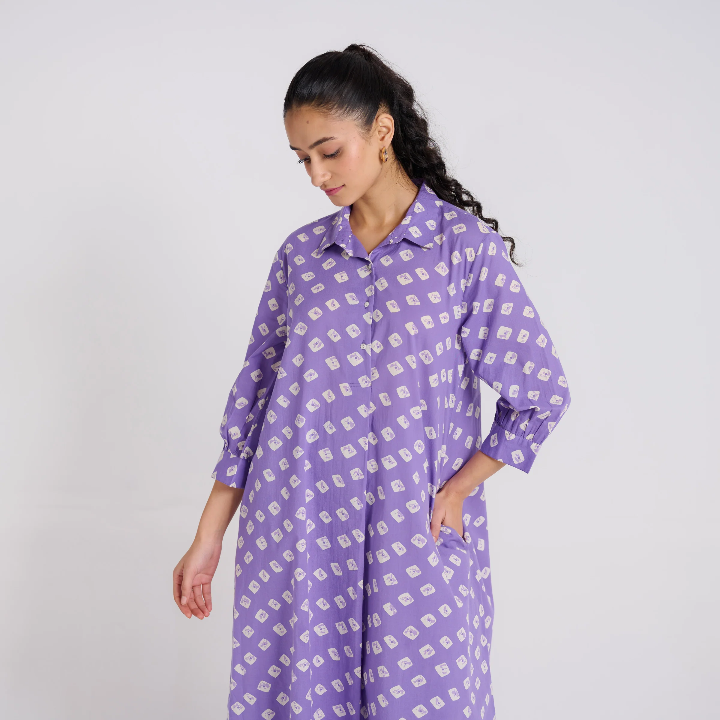 Lavender Breezy Pure Cotton Kurta Pant Set with Shirt Collar - Image 5