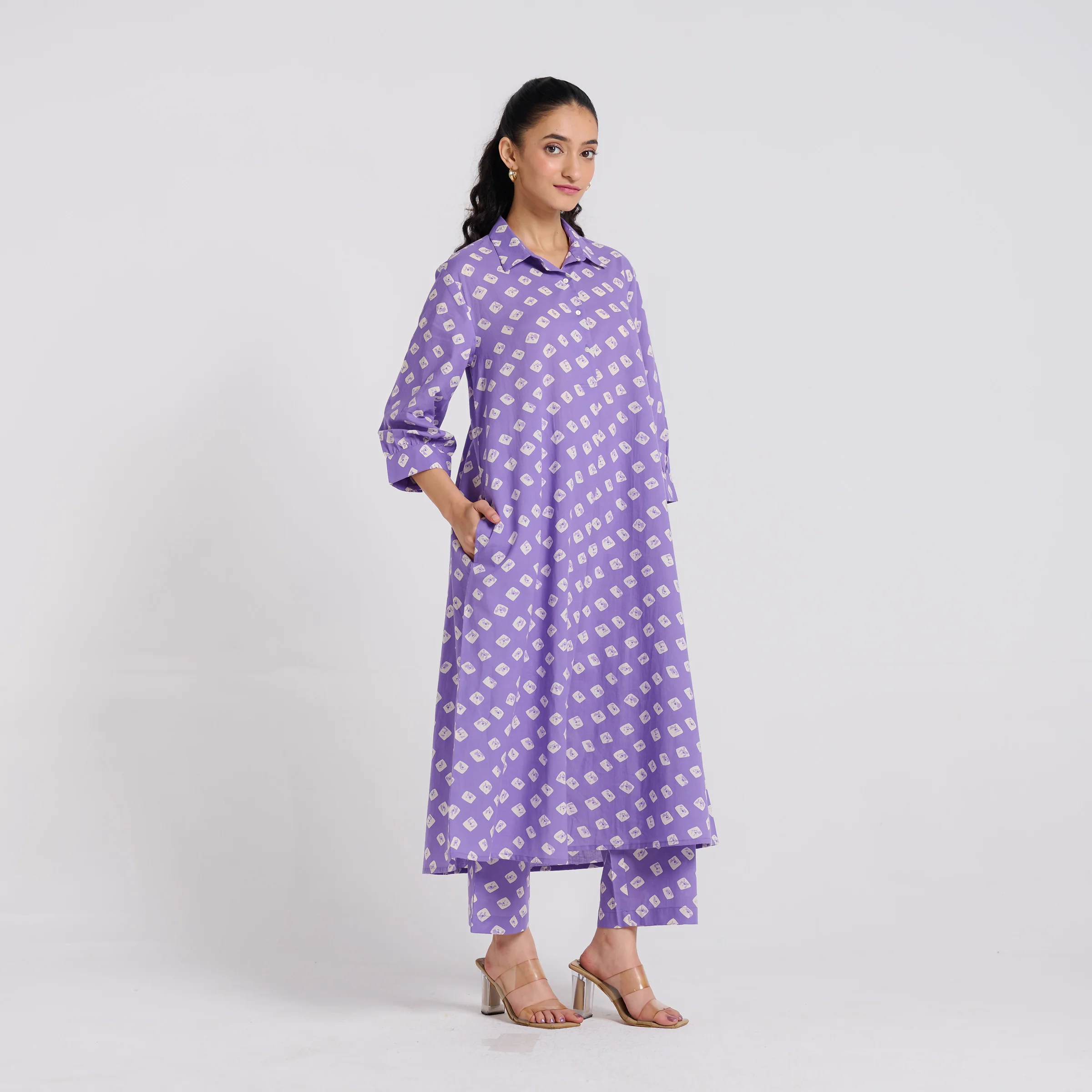 Lavender Breezy Pure Cotton Kurta Pant Set with Shirt Collar - Image 6