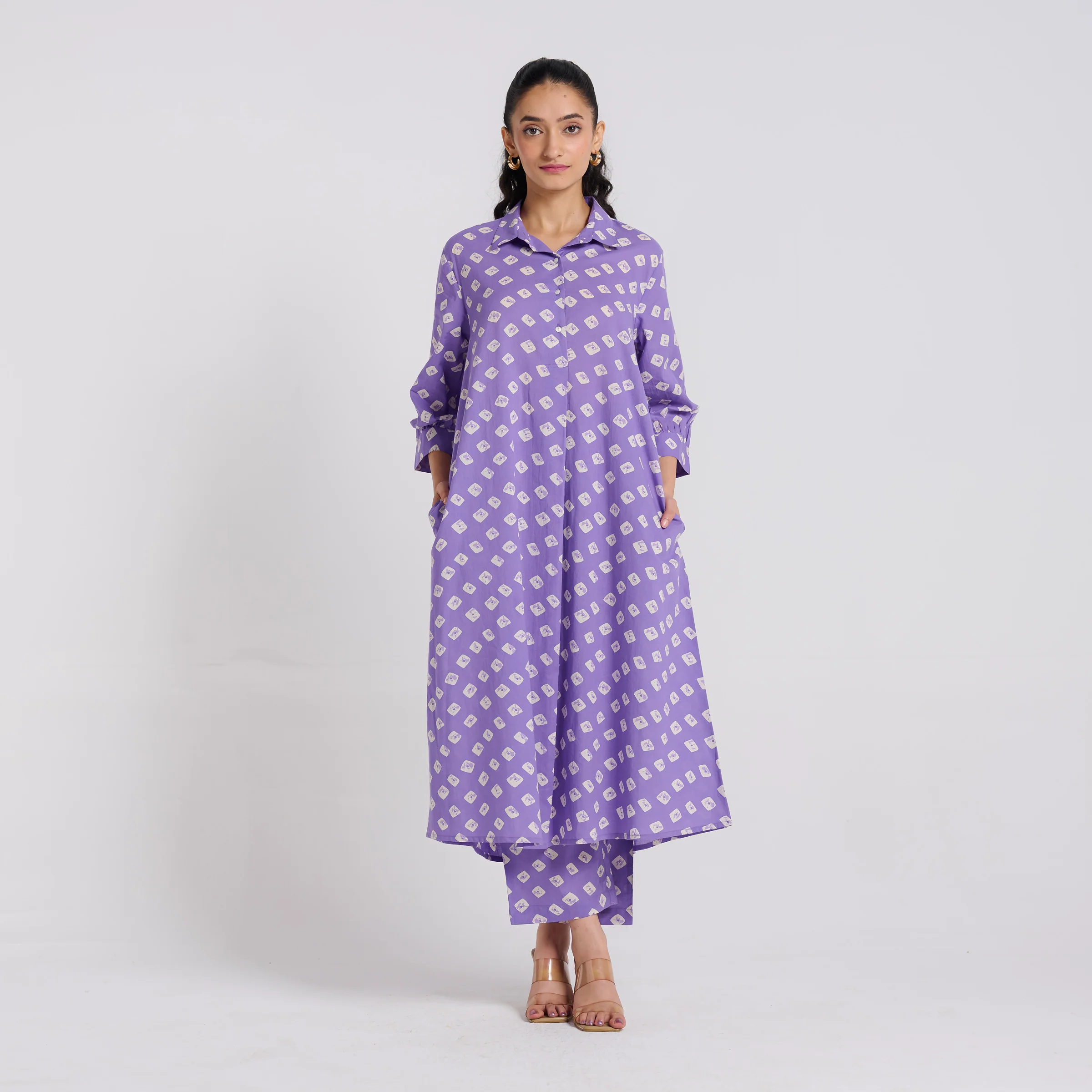 Lavender Breezy Pure Cotton Kurta Pant Set with Shirt Collar - Image 7