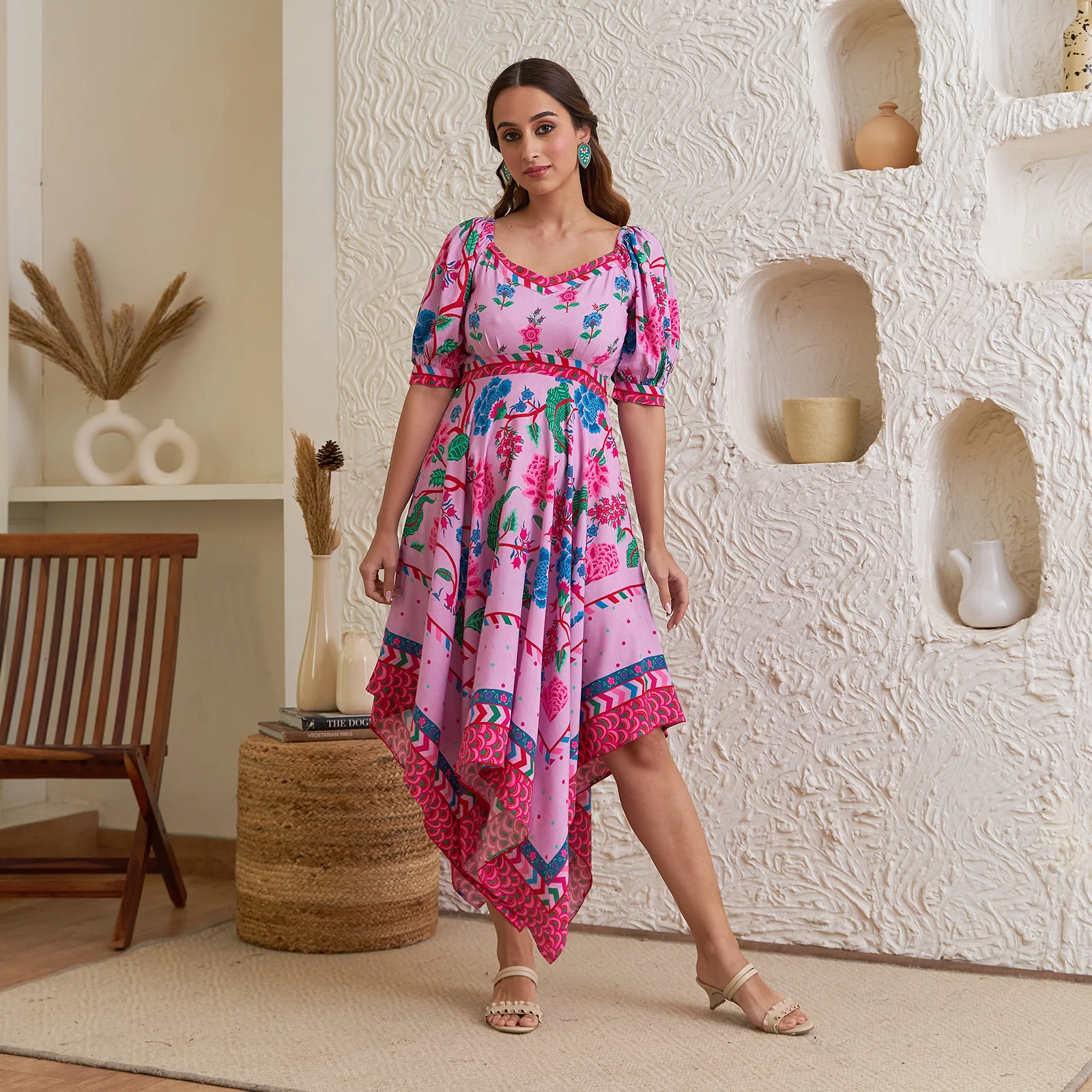 Lavender Handkerchief Dress with Puff Sleeves - Image 3