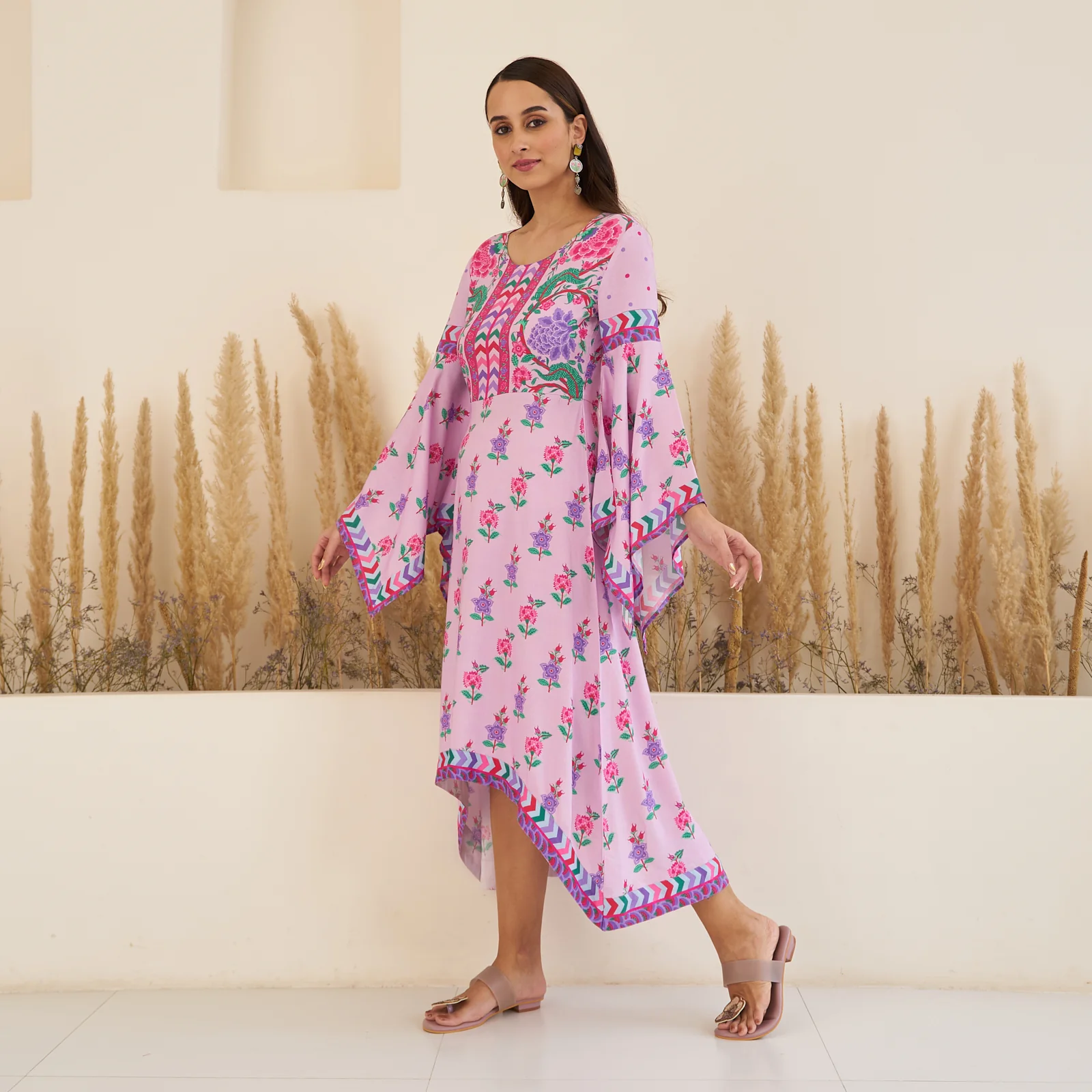 Lavender High Low Gathered Dress with Handkerchief Sleeves - Image 2