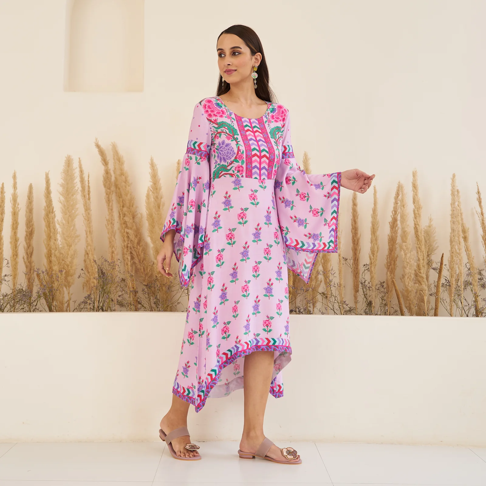 Lavender High Low Gathered Dress with Handkerchief Sleeves - Image 3