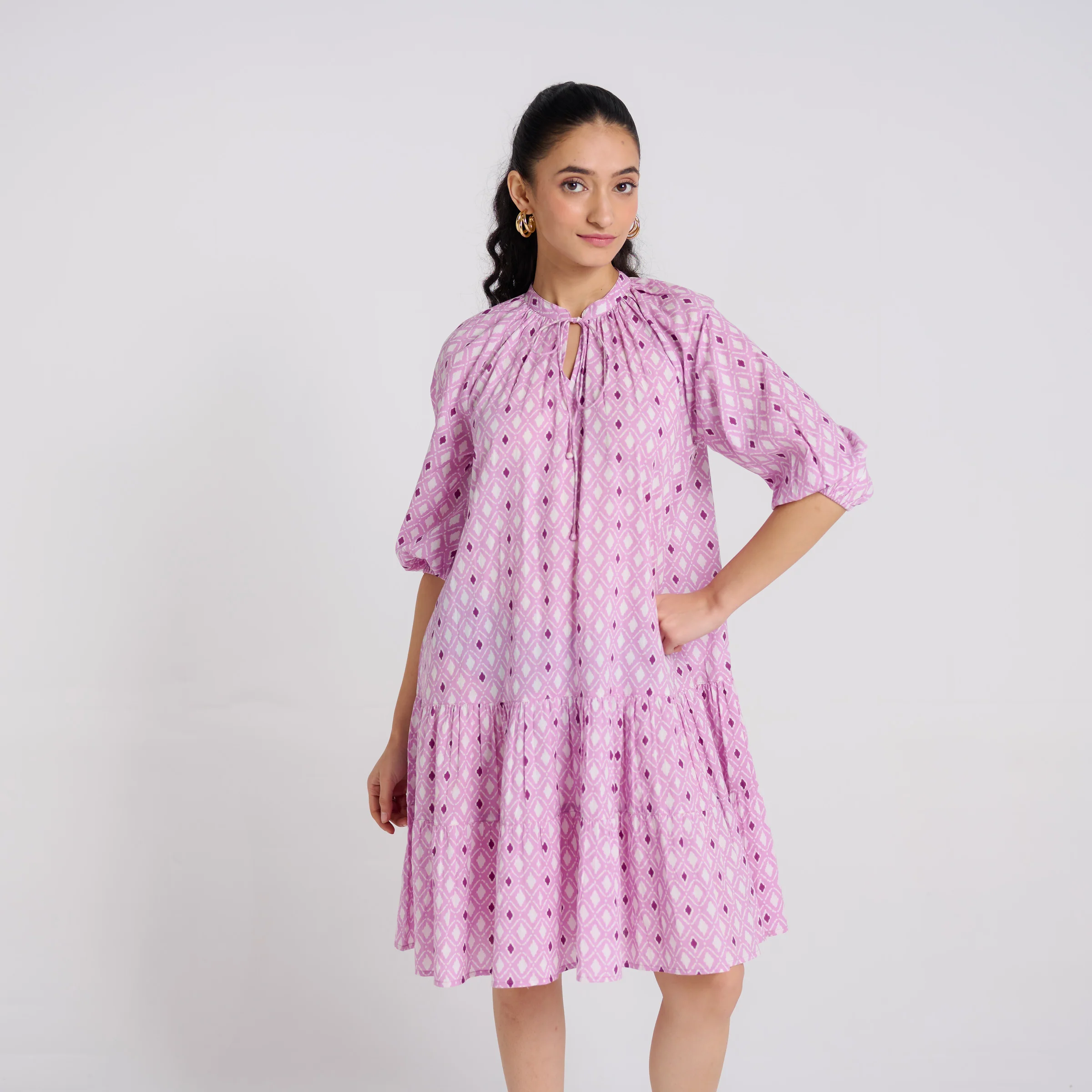 Lavender Pure Cotton Tier Dress with Neckline Detail - Image 3