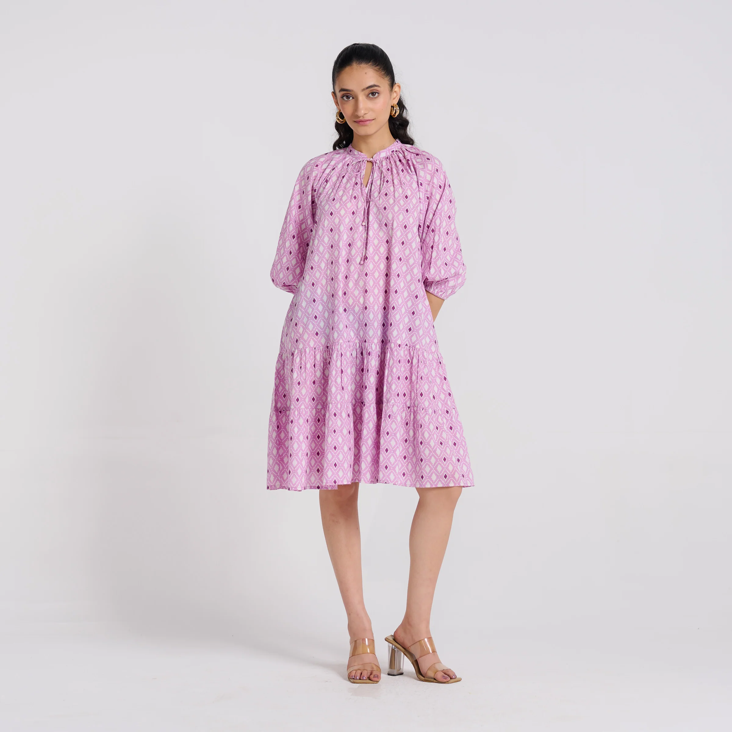 Lavender Pure Cotton Tier Dress with Neckline Detail - Image 4