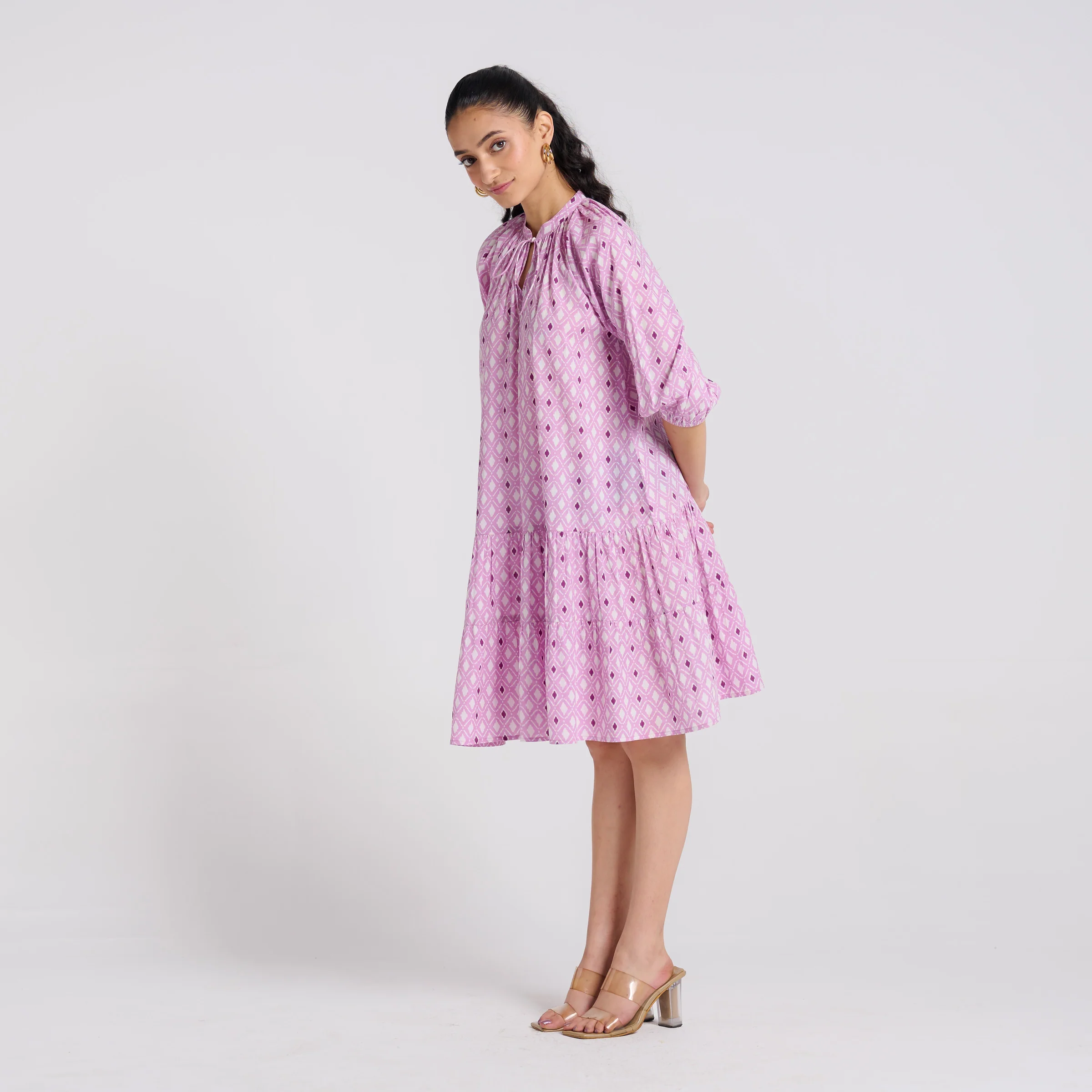 Lavender Pure Cotton Tier Dress with Neckline Detail - Image 5