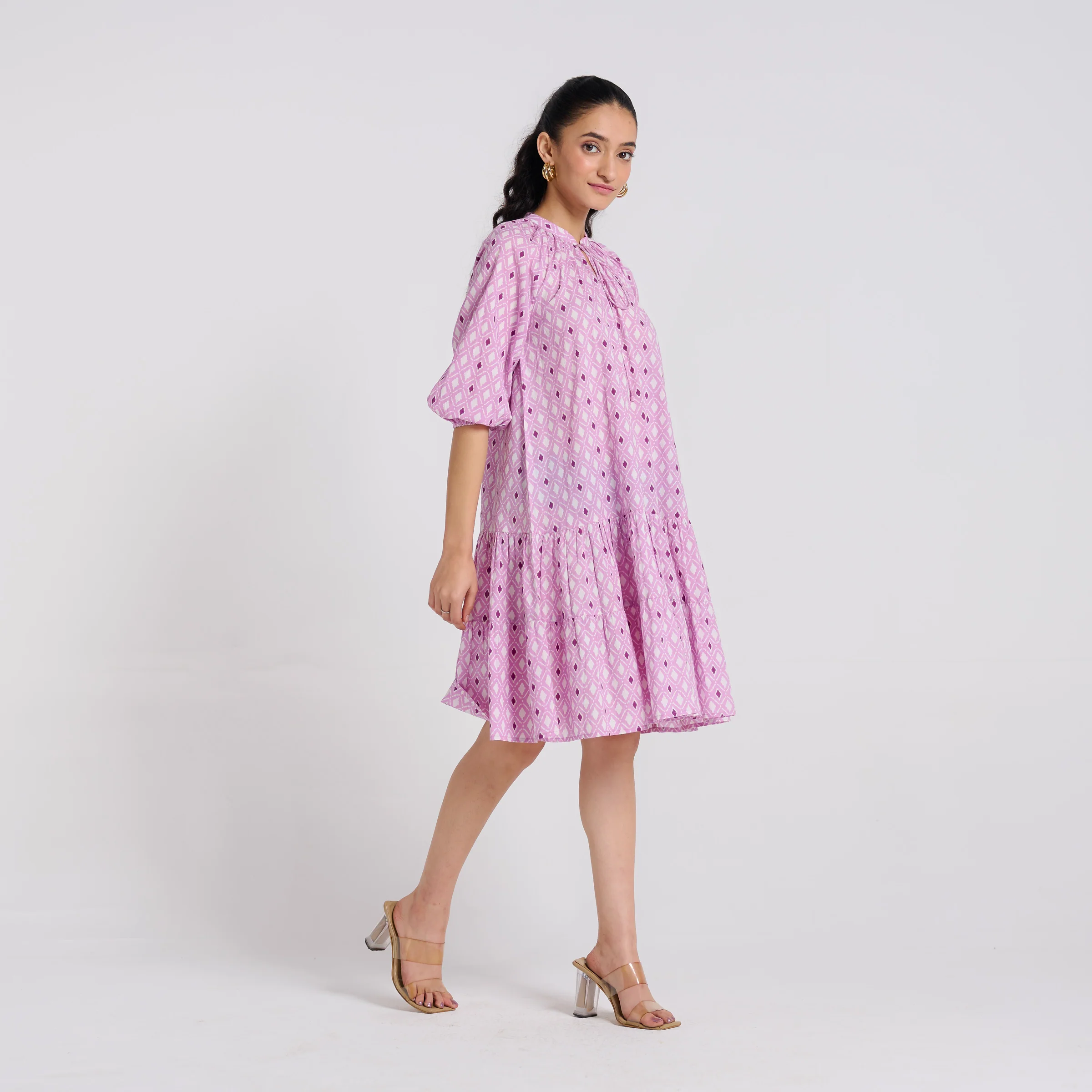 Lavender Pure Cotton Tier Dress with Neckline Detail - Image 6